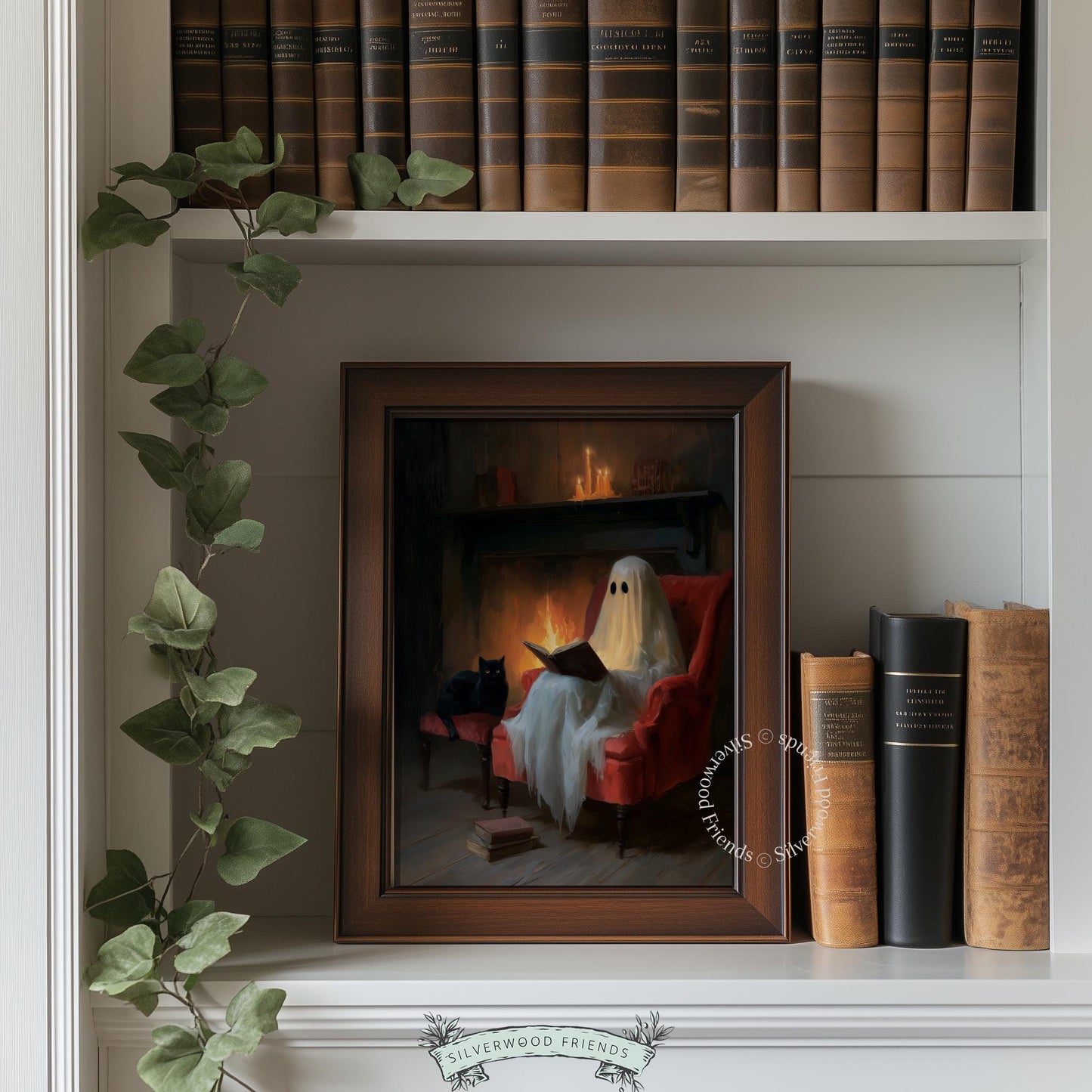 Spectral reader wall art printable for October decor — friendly ghost aesthetic with feline friend, books, and glowing autumn warmth