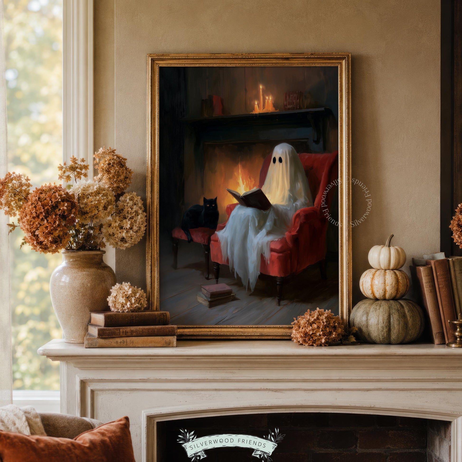Sheet-draped reader printable wall art for Halloween — rustic cottagecore with feline friend, flickering fireplace, and vintage painting style