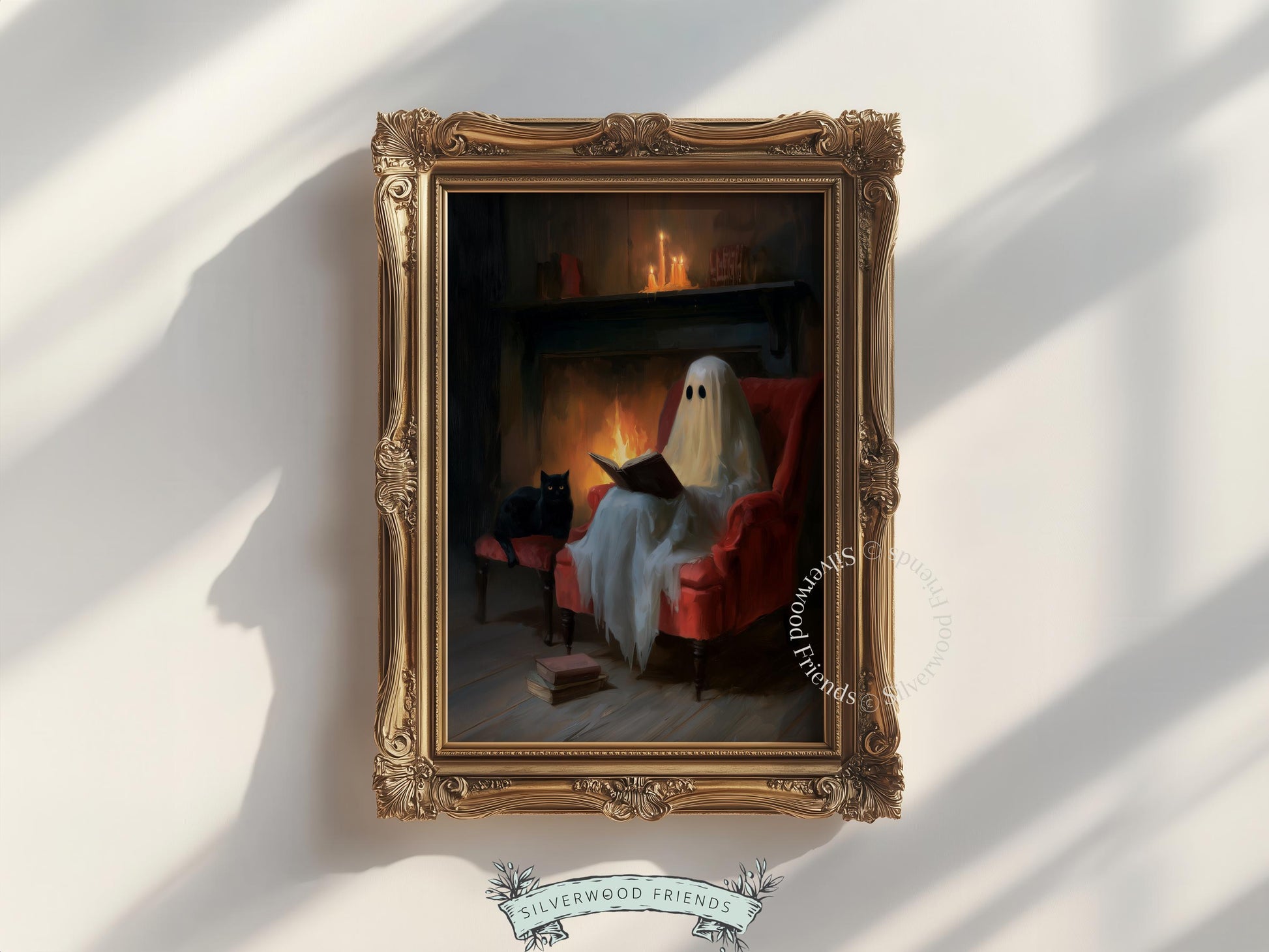Sheet spirit reading artwork printable download — spooky yet warm autumn cottage aesthetic with armchair glow and classic ghost charm