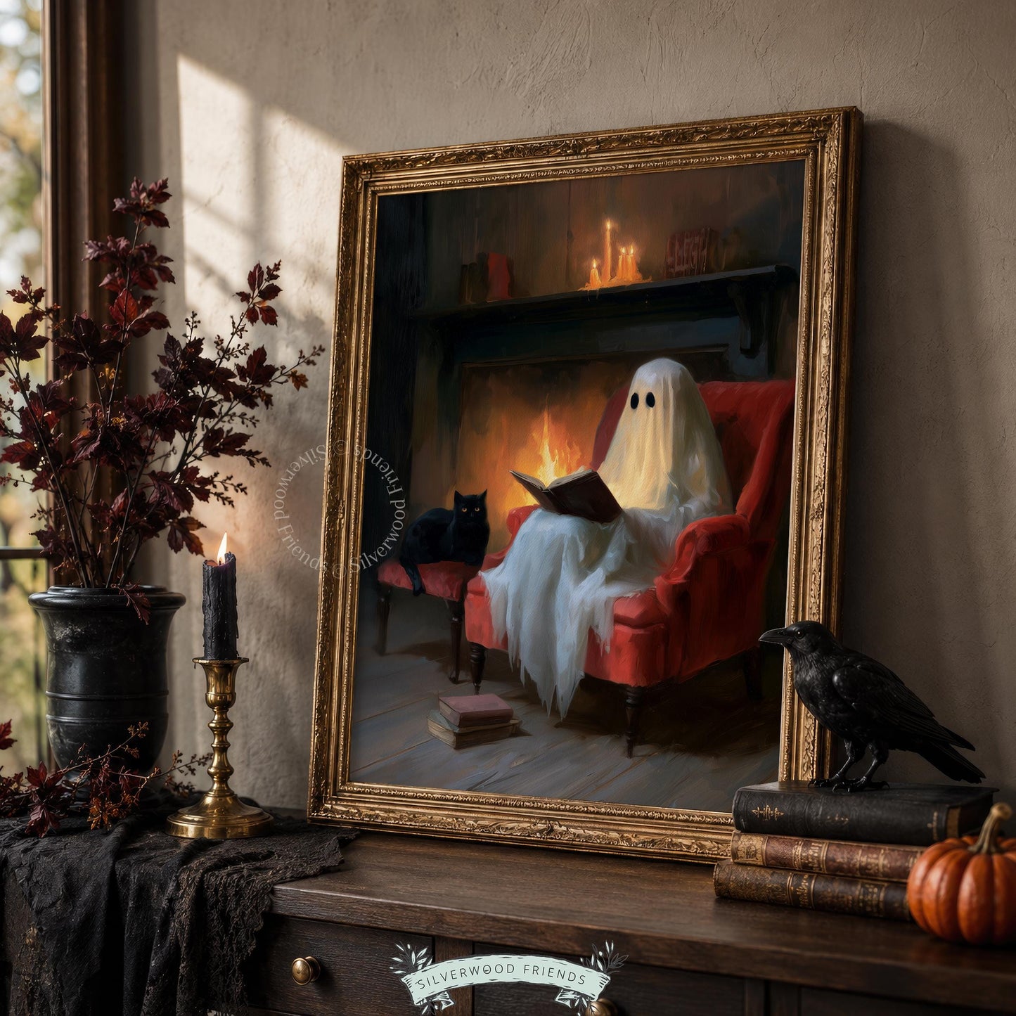 Phantom by fire illustration poster for cozy spaces — dark moody Halloween wall decor with candlelit mantle and relaxing armchair scene