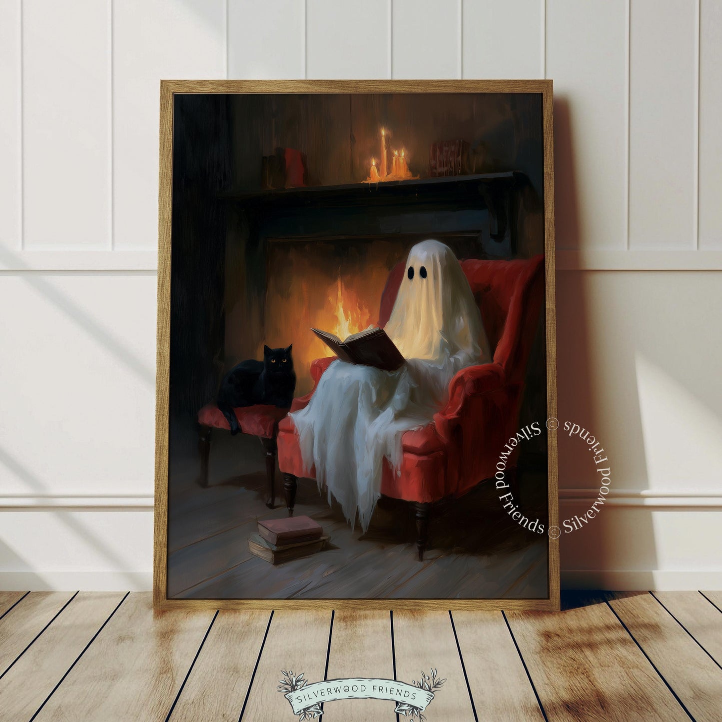 Cozy phantom digital wall art for dark academia enthusiasts — black cat, flickering hearth, and moody seasonal Halloween illustration