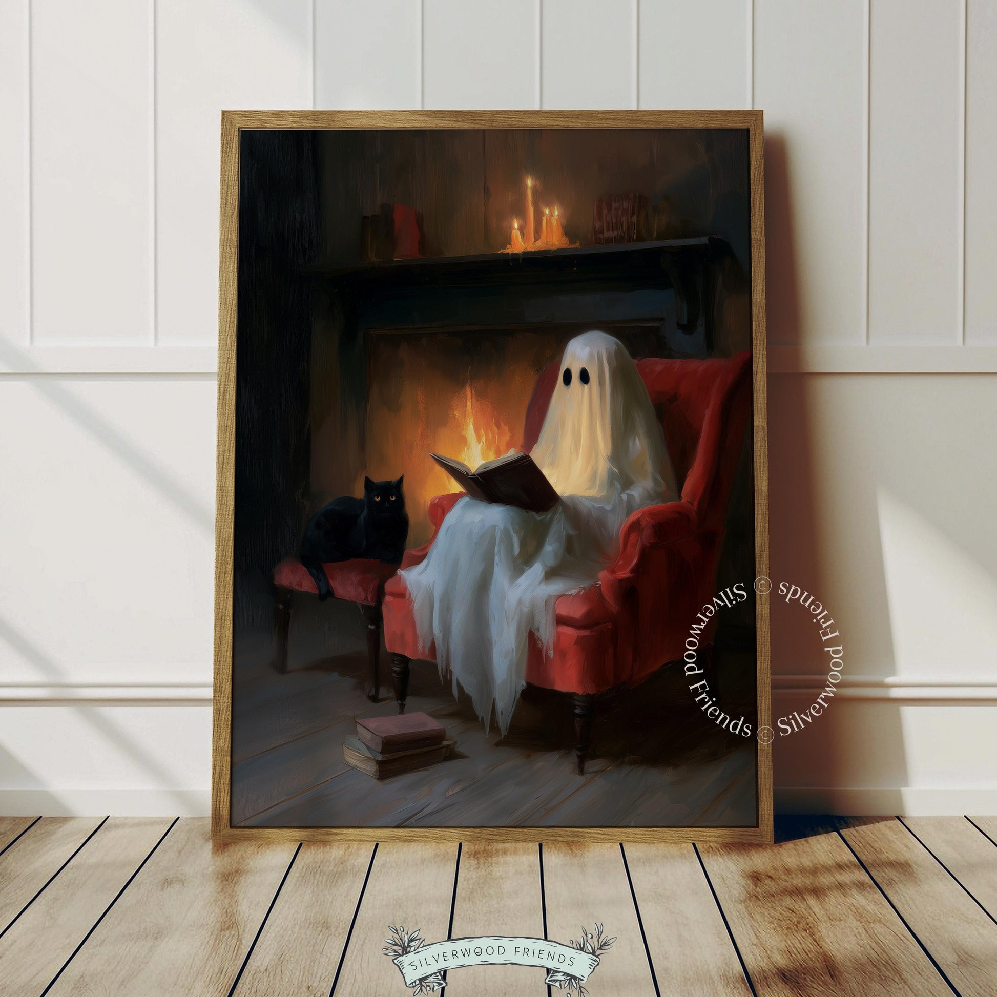 Cozy phantom digital wall art for dark academia enthusiasts — black cat, flickering hearth, and moody seasonal Halloween illustration