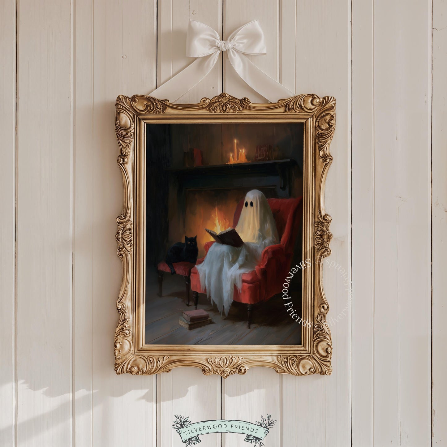 Draped specter illustration print for living spaces — dark cozy Halloween aesthetic with cat companion and warm candlit ambiance