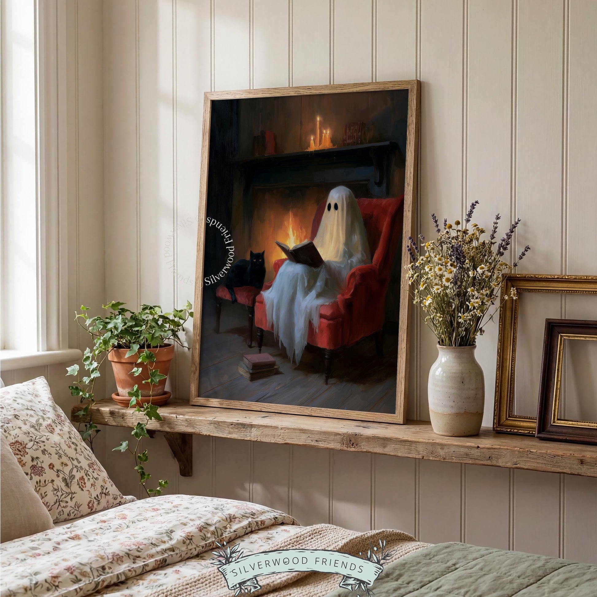 Phantom figure in chair wall picture for fall hosting — moody vintage-inspired witchy decor with literary and fireplace elements