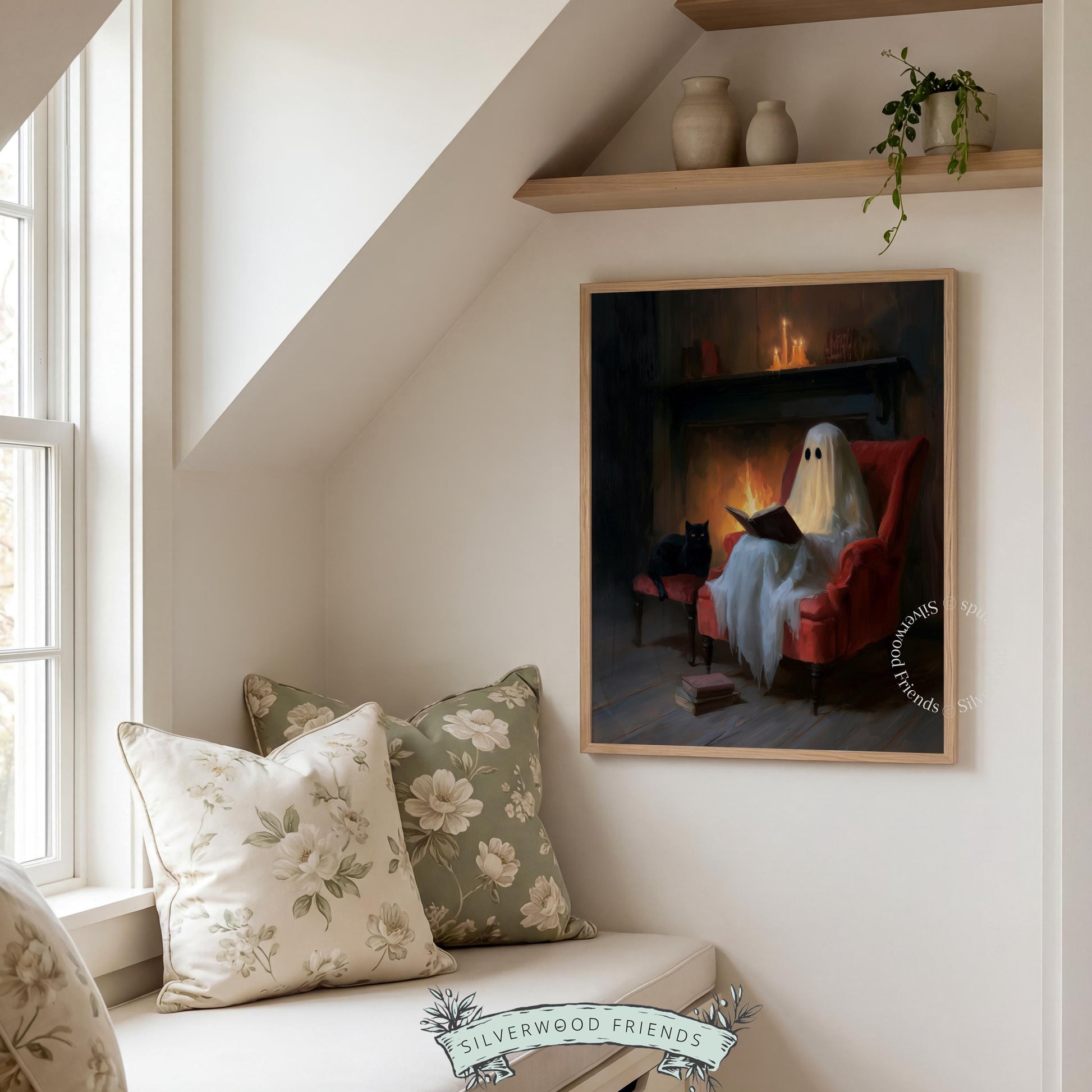 Friendly phantom reading wall art for fall decorating — dark academia inspired with feline companion and candlit fireside scene