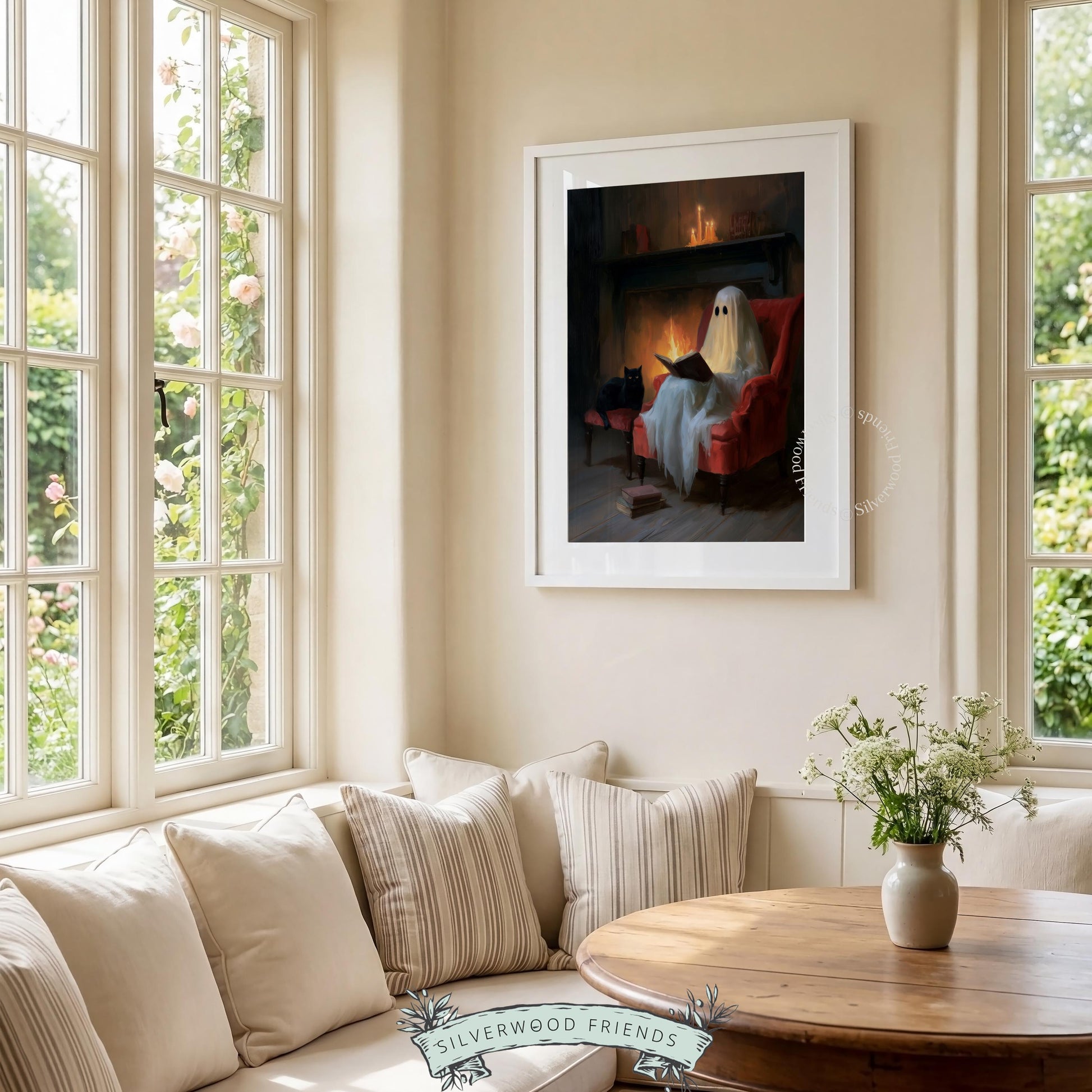 Phantom by hearth poster art for entryway — rich moody tones, soft candlelight, and charming spooky season illustration