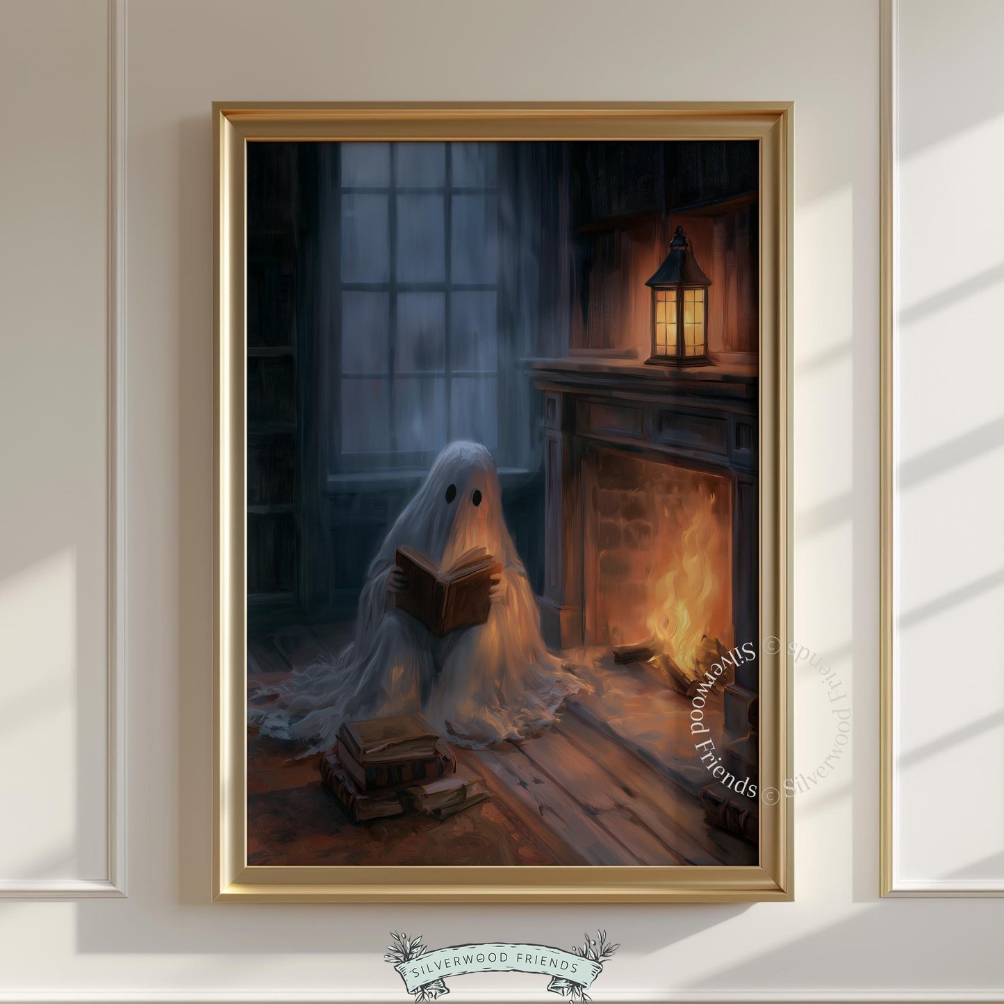Reading phantom digital download wall art — spooky season décor with candlelit book stack and rainy backdrop