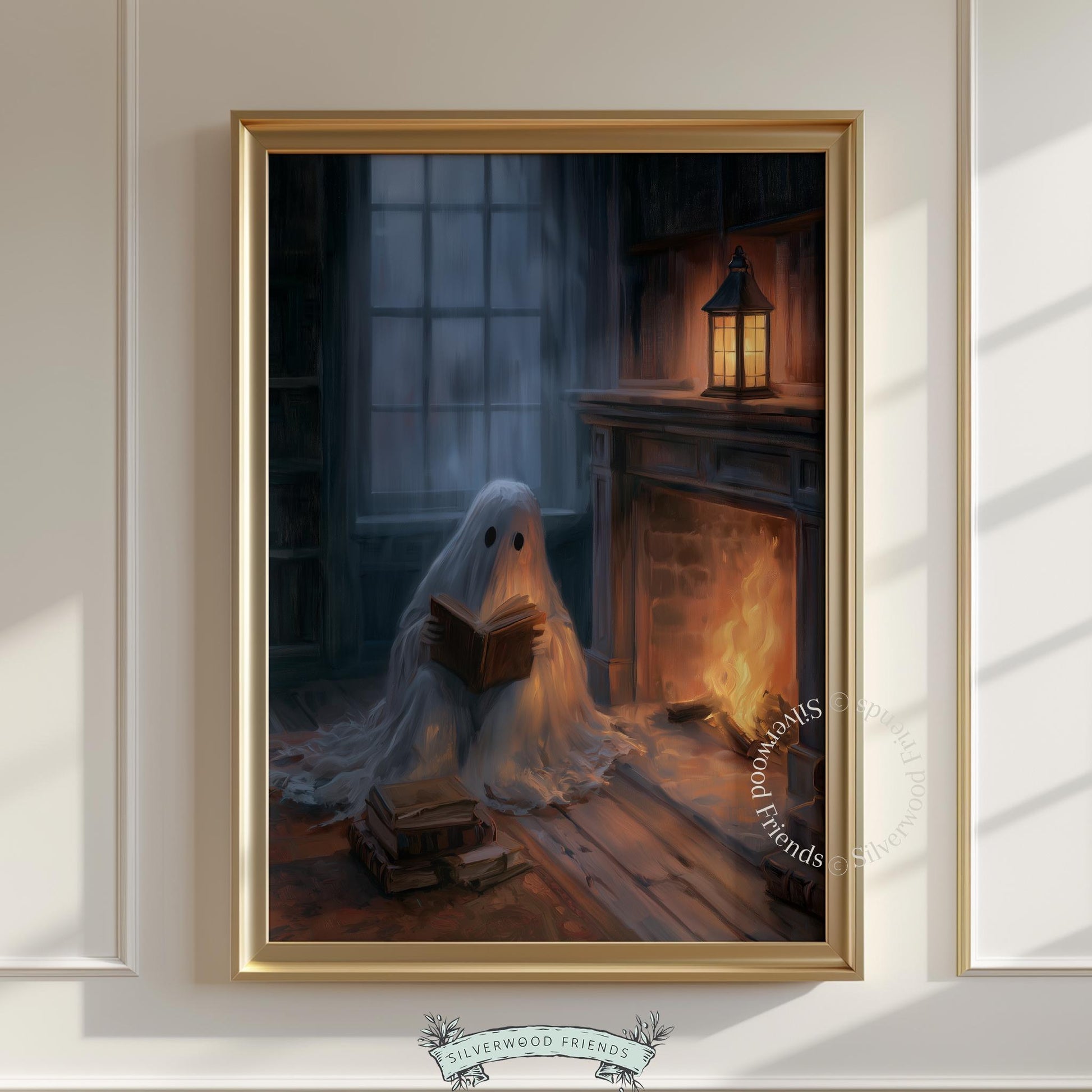 Reading phantom digital download wall art — spooky season décor with candlelit book stack and rainy backdrop