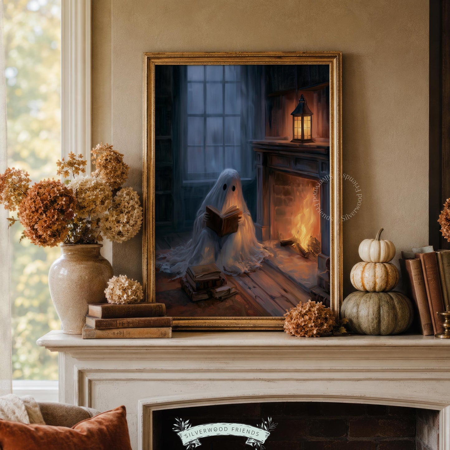 Sheet ghost with book wall art for study — warm autumn ambiance with crackling fire and shadowy blue tones