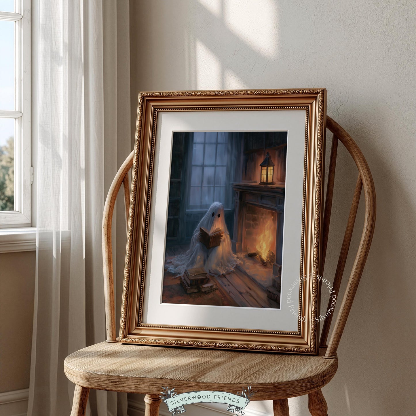 Cute sheet ghost illustration print for seasonal décor — intimate fireplace corner with literary cottagecore charm