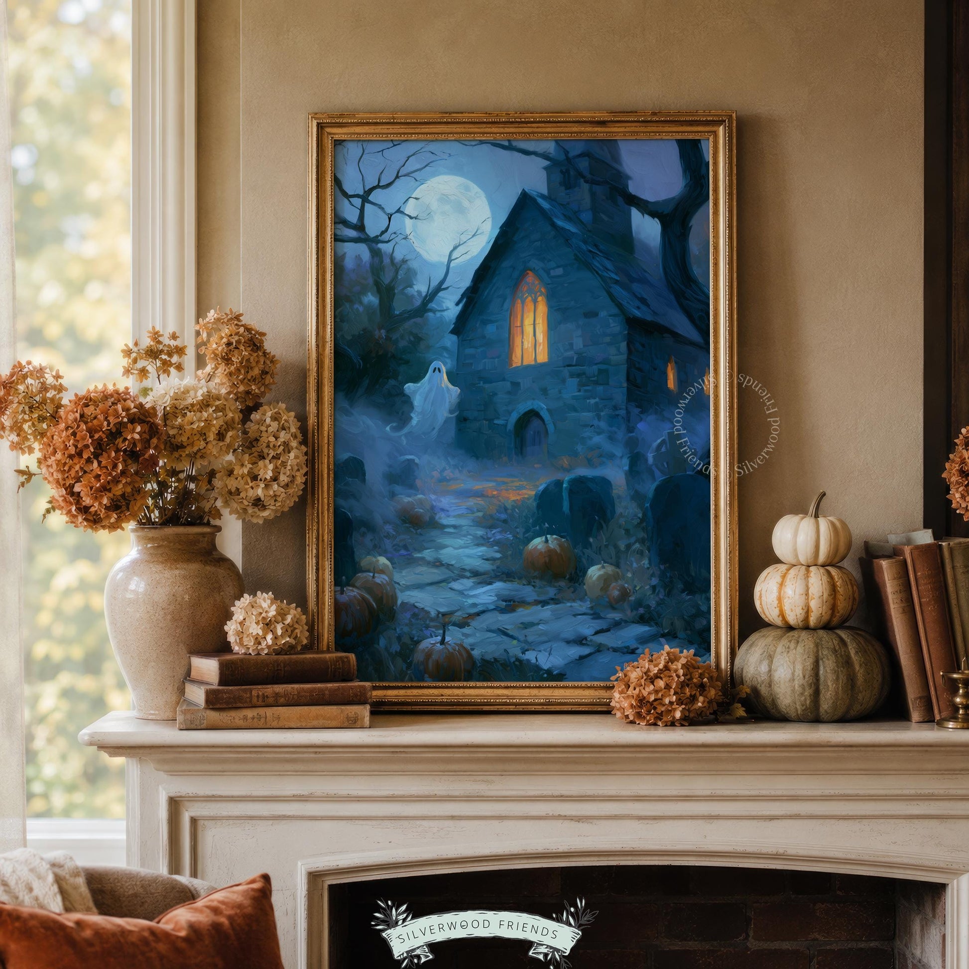 Gothic cemetery scene artwork printable for autumn cottage — soft atmospheric painting of moonlit chapel with spectral figure