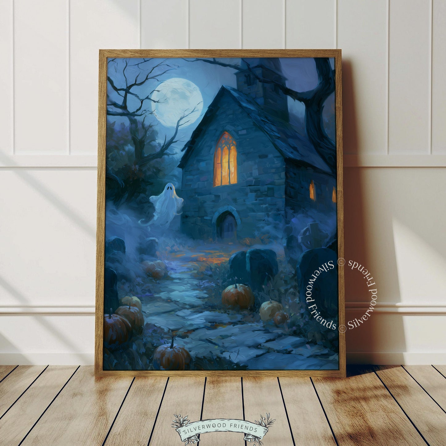 Moonlit haunted chapel painting wall art for entryway — textured vintage aesthetic with warm golden window glow