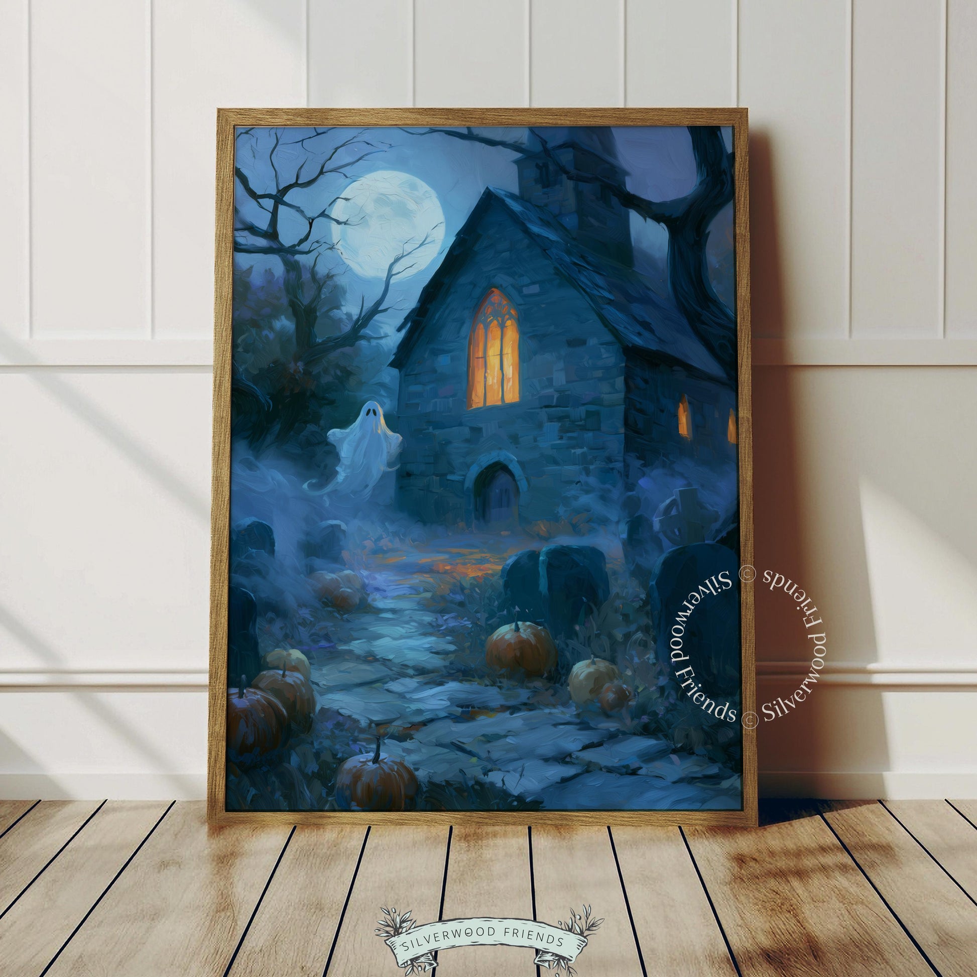Moonlit haunted chapel painting wall art for entryway — textured vintage aesthetic with warm golden window glow