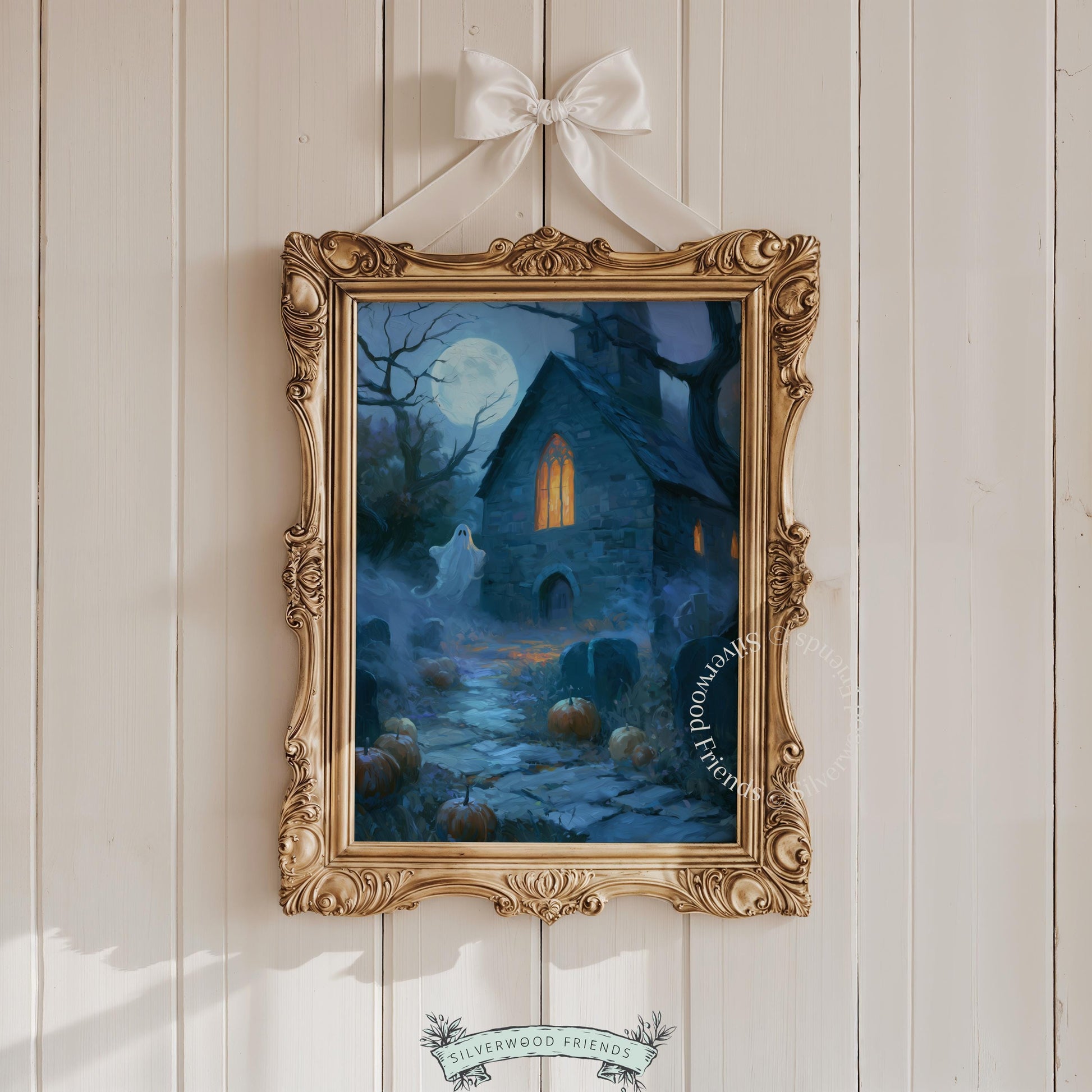 Halloween night scene poster for witchy home decor — atmospheric haunted building with pumpkin-lined path
