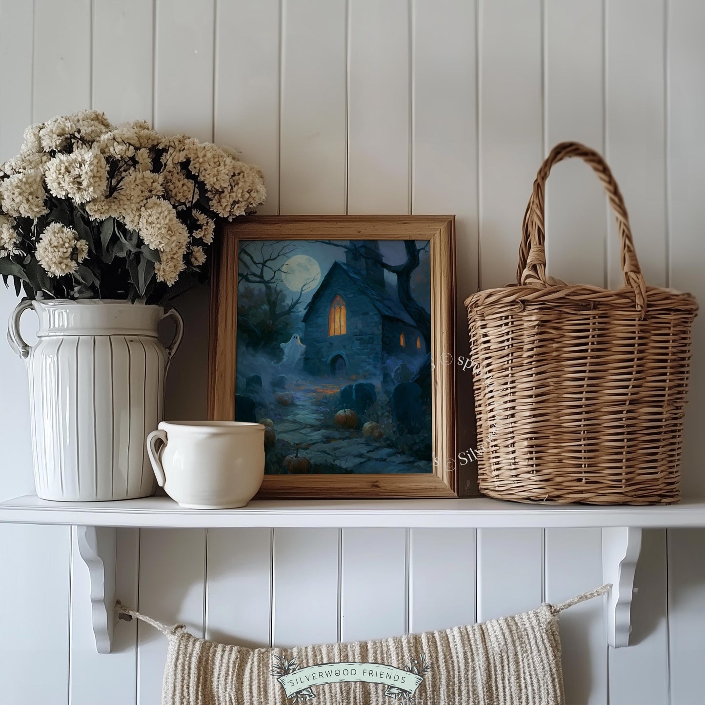 Eerie autumn chapel poster wall art for living spaces — vintage-inspired dark painting with mystical graveyard setting