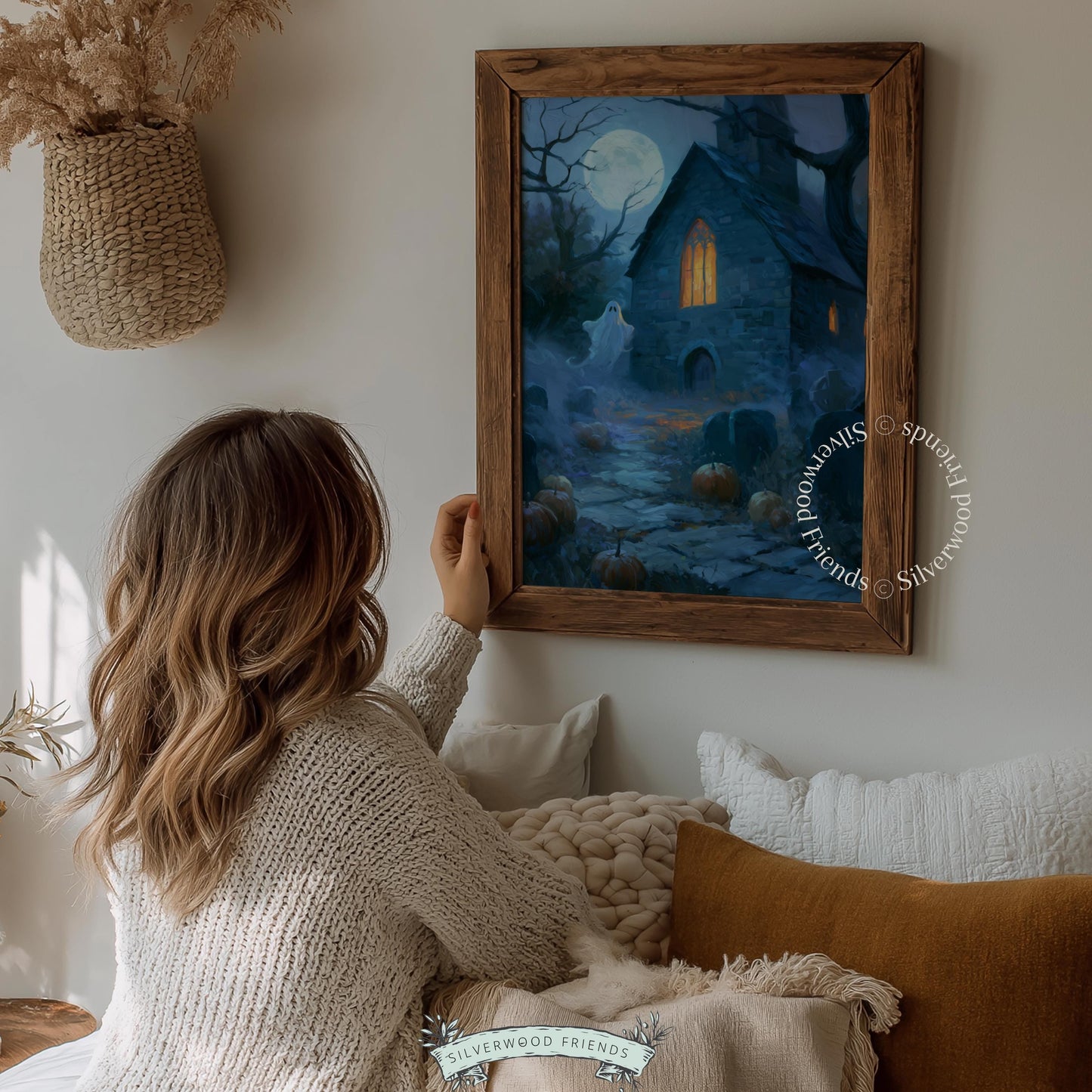 Haunted graveyard digital artwork printable — atmospheric full moon scene featuring stone chapel and phantom figure