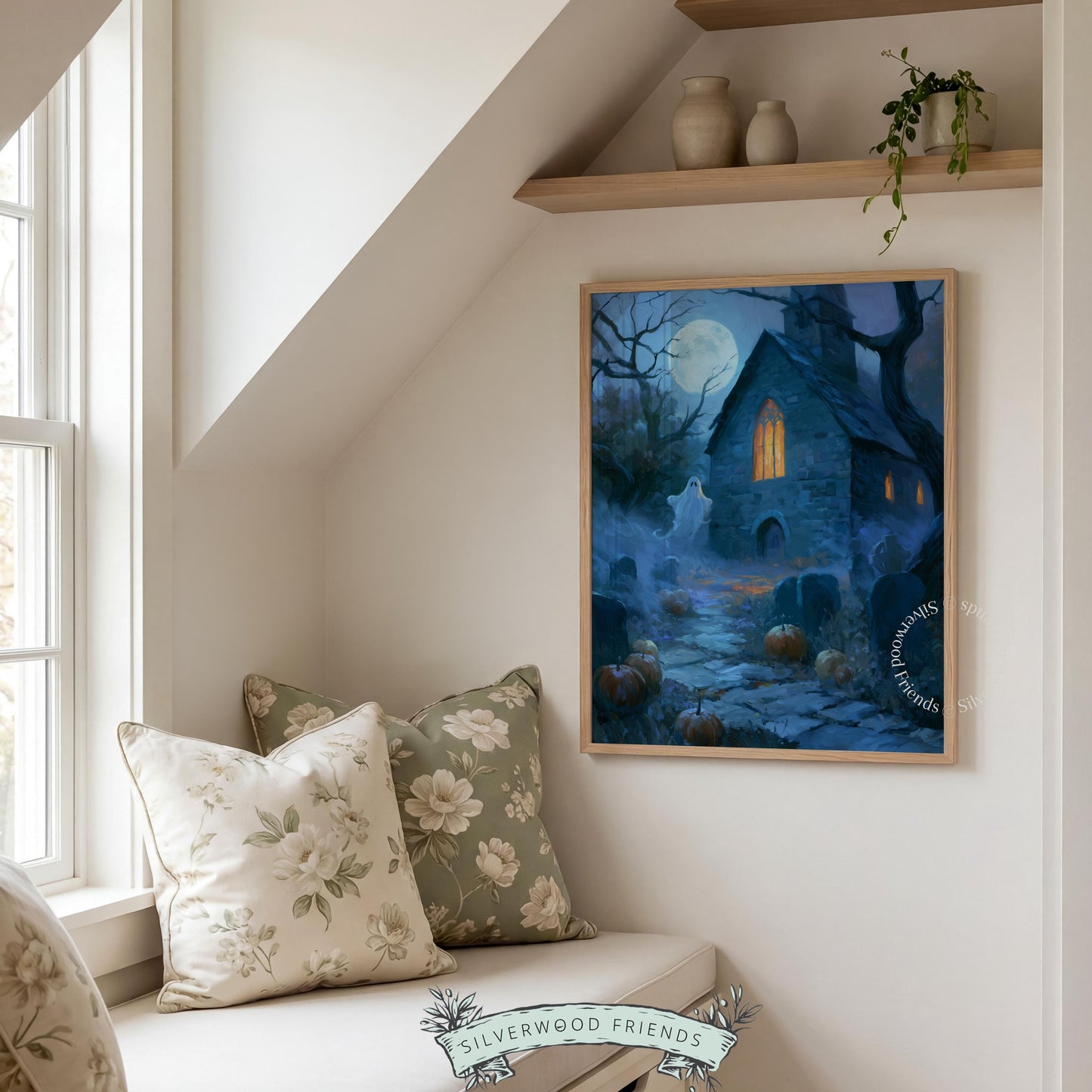 Moonlit cemetery artwork printable for den — cozy Halloween cottage core aesthetic with floating specter and cobblestones