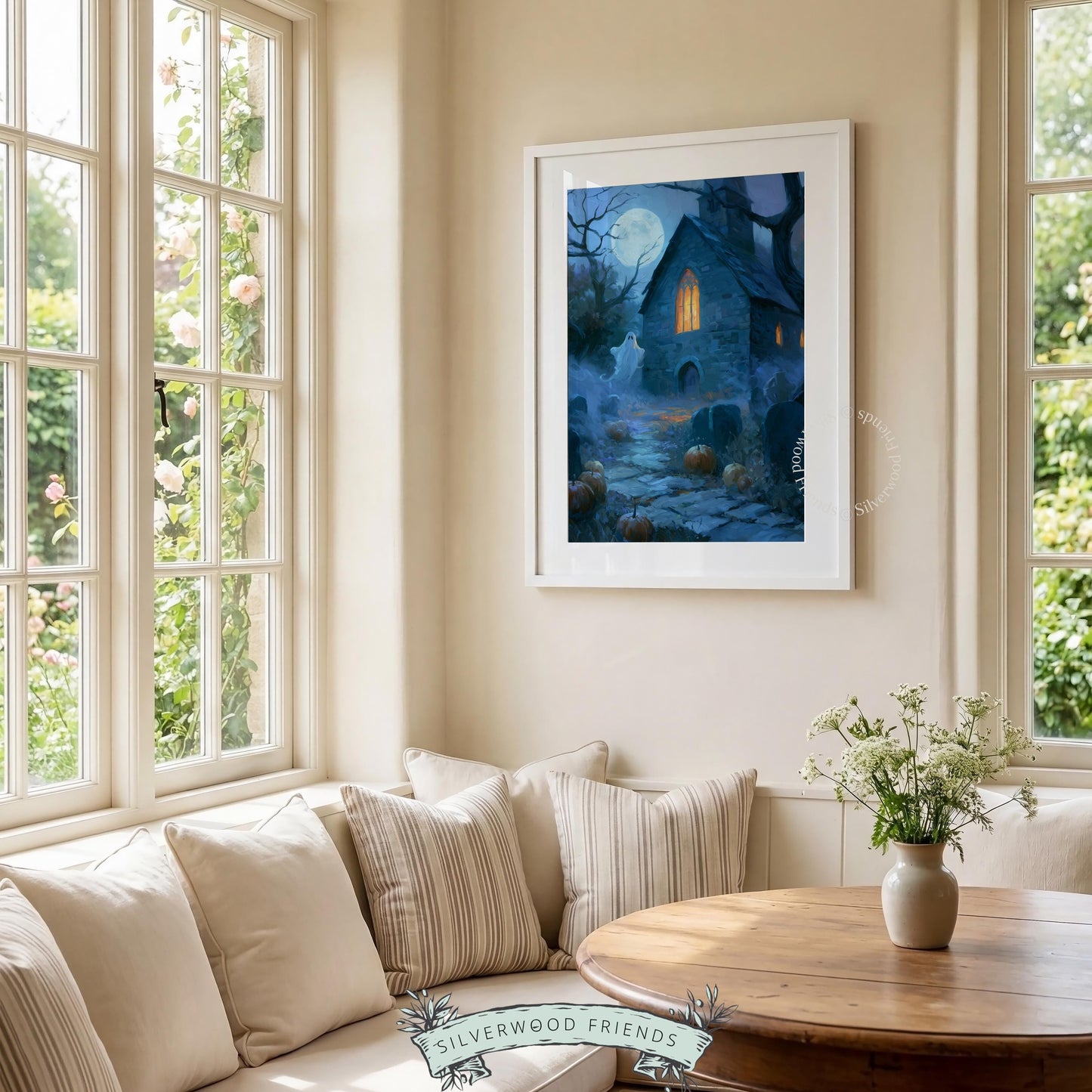 Halloween spooky manor picture for bedroom wall art — moody nightscape with cobblestone pathway and warm interior light