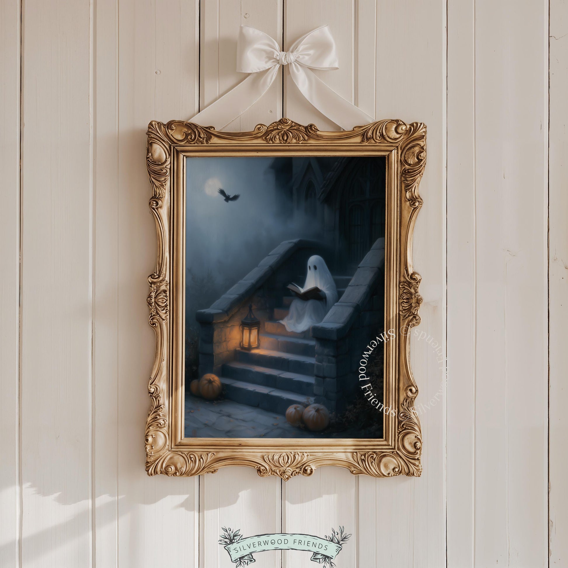 Friendly specter on steps wall art for living room — dark atmospheric fall décor with glowing lantern