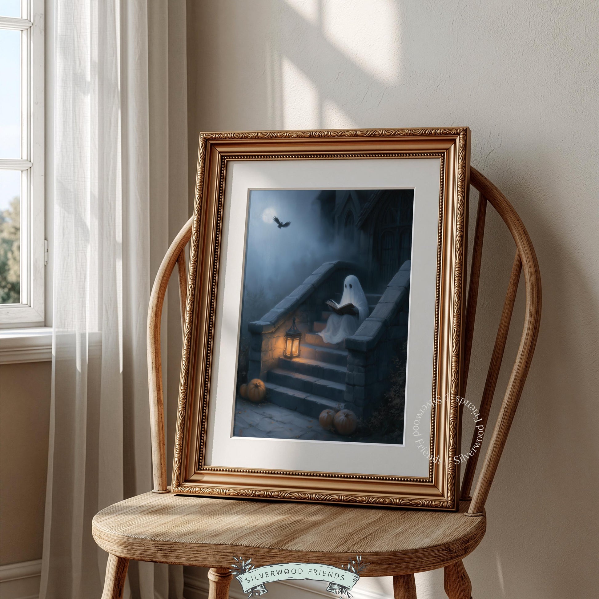 Spectral figure reading printable art for library — dark moody vibes with full moon and gothic architecture