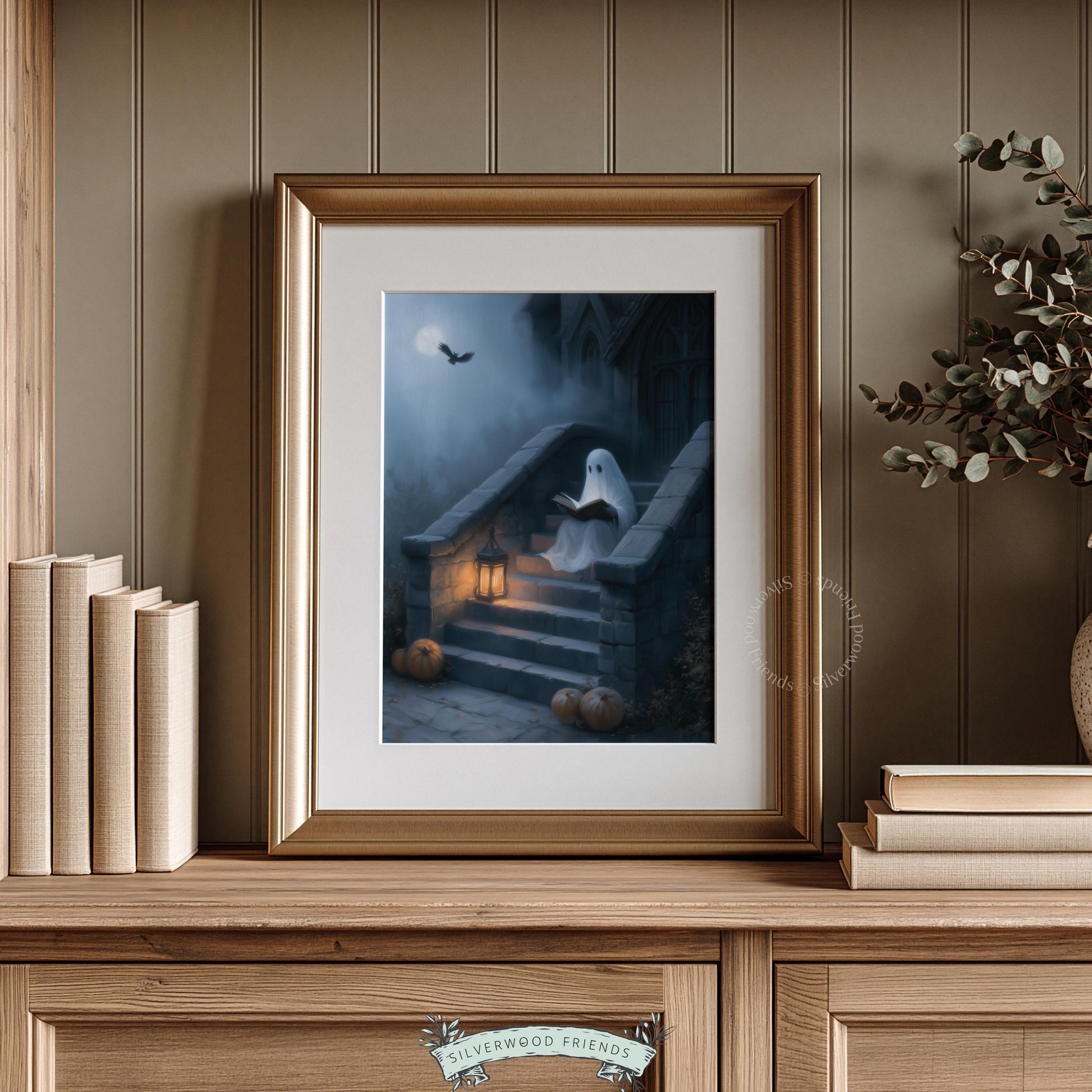 Ghost with book digital print for entryway — spooky cozy aesthetic featuring moonlit gothic scene