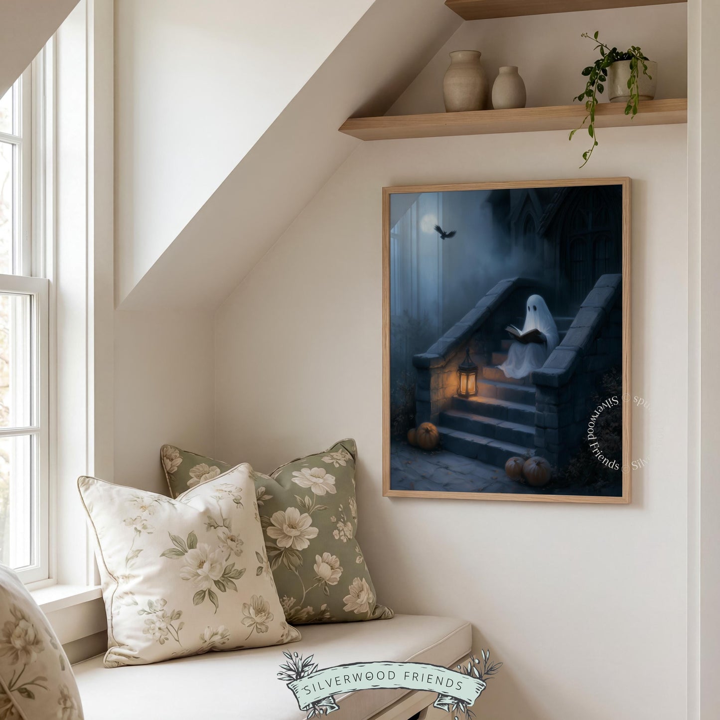 Luminescent ghost reader digital artwork for bedroom — dark mysterious fall wall print with shadowy castle