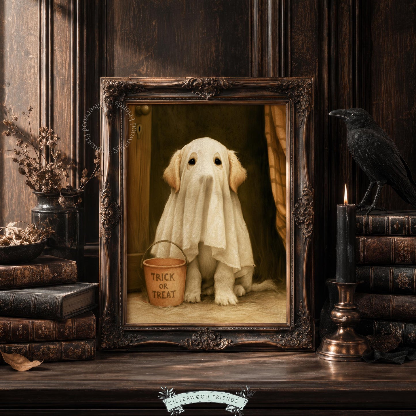 Cute retriever ghost print wall art for bedroom — cozy seasonal portrait with vintage charm and warm color palette