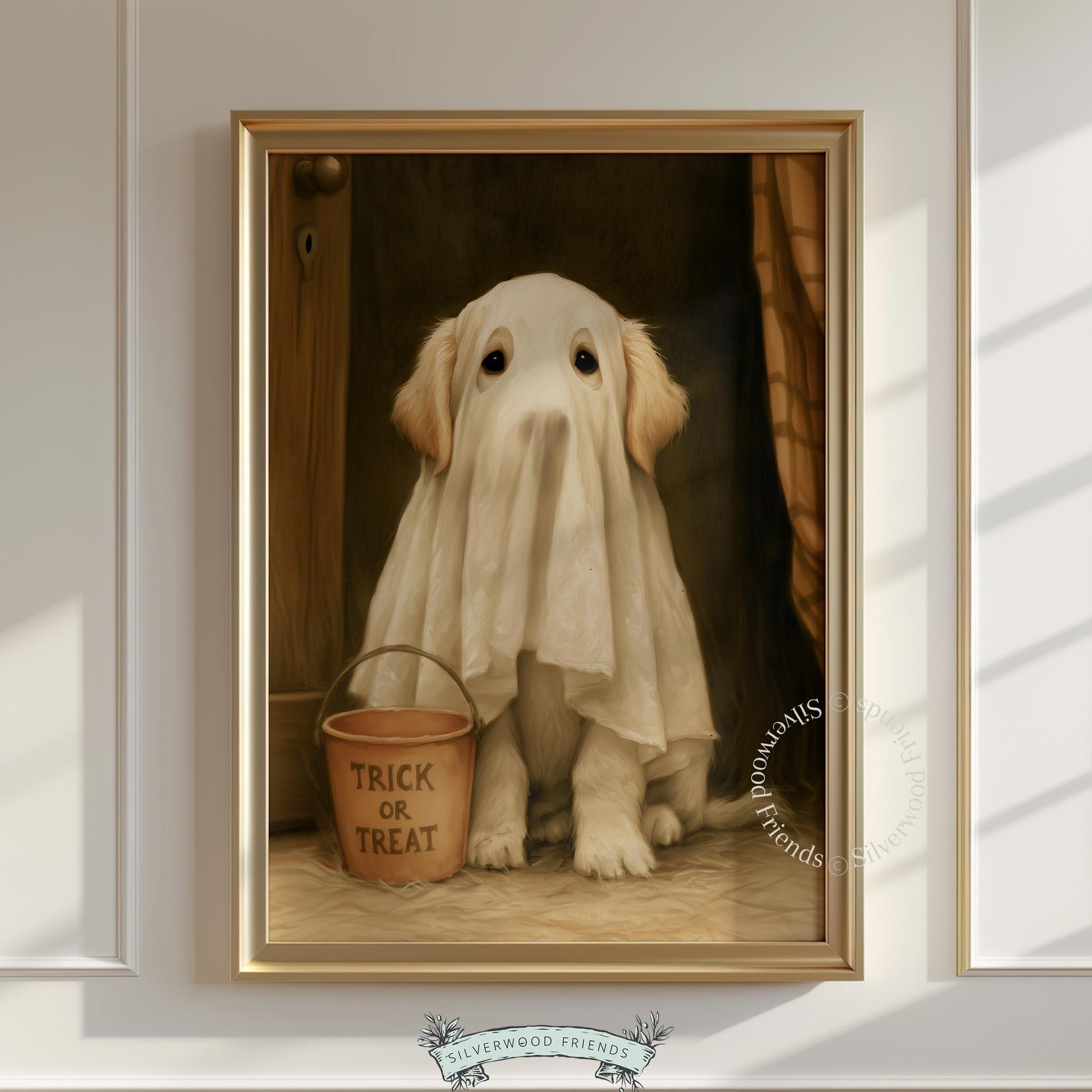Friendly ghost dog wall poster for bedroom — dark cozy painting with Halloween charm and rustic door background details
