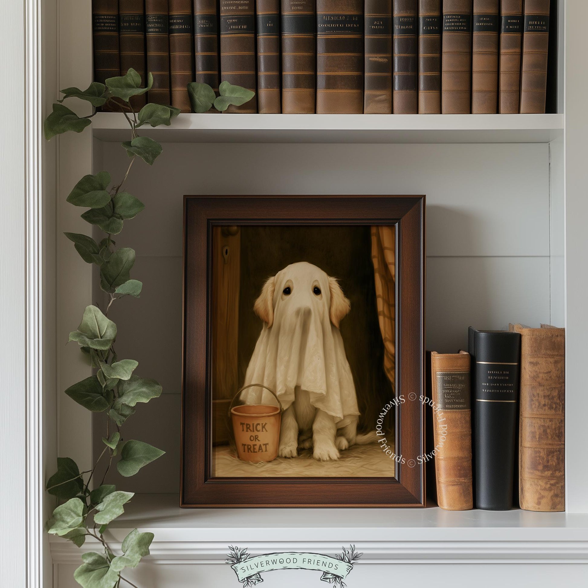 Spooky season puppy poster with trick-or-treat bucket — dark background portrait in classic painted style and rustic setting