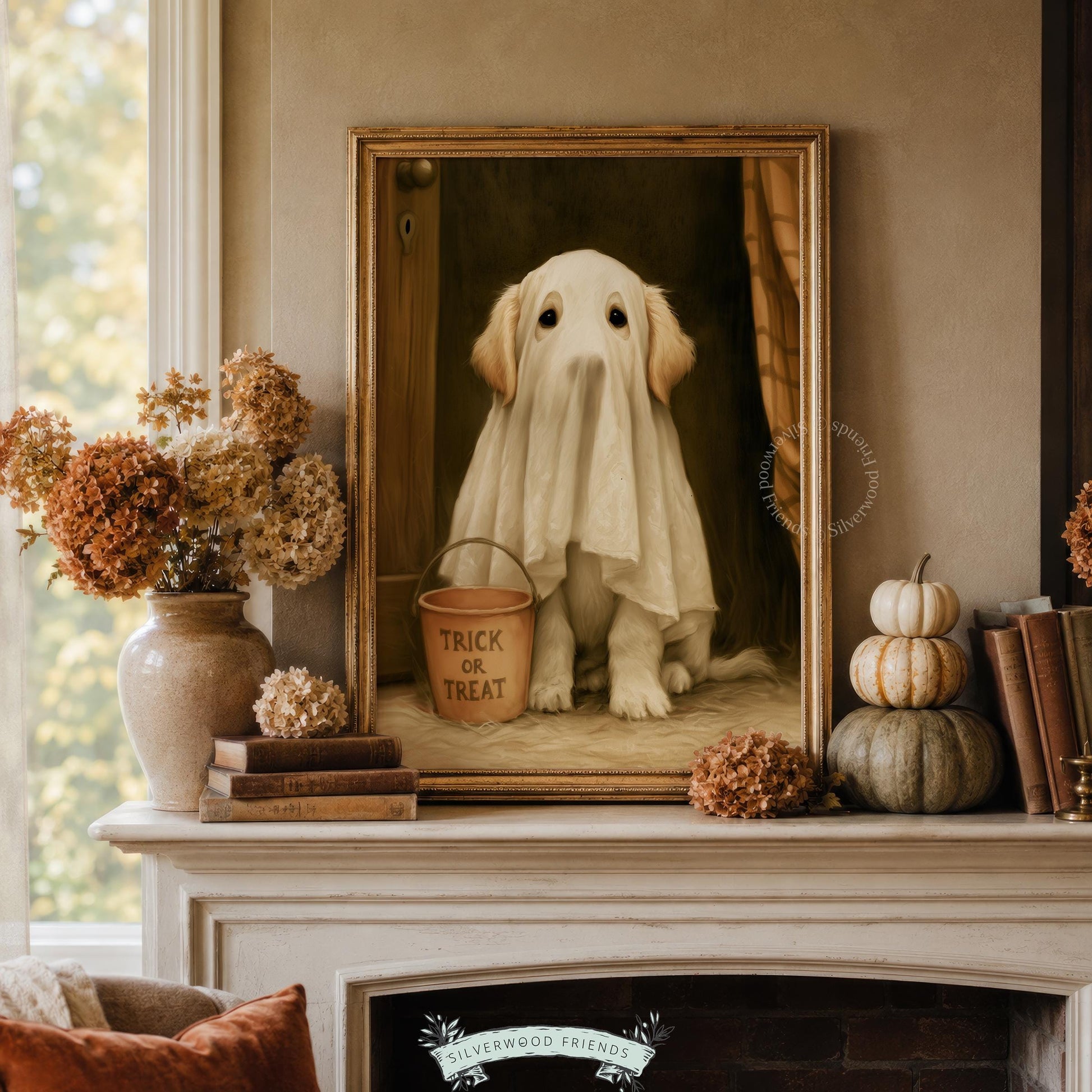 Halloween dog artwork featuring sheet costume — moody oil-style painting perfect for witchy home decor and gallery walls