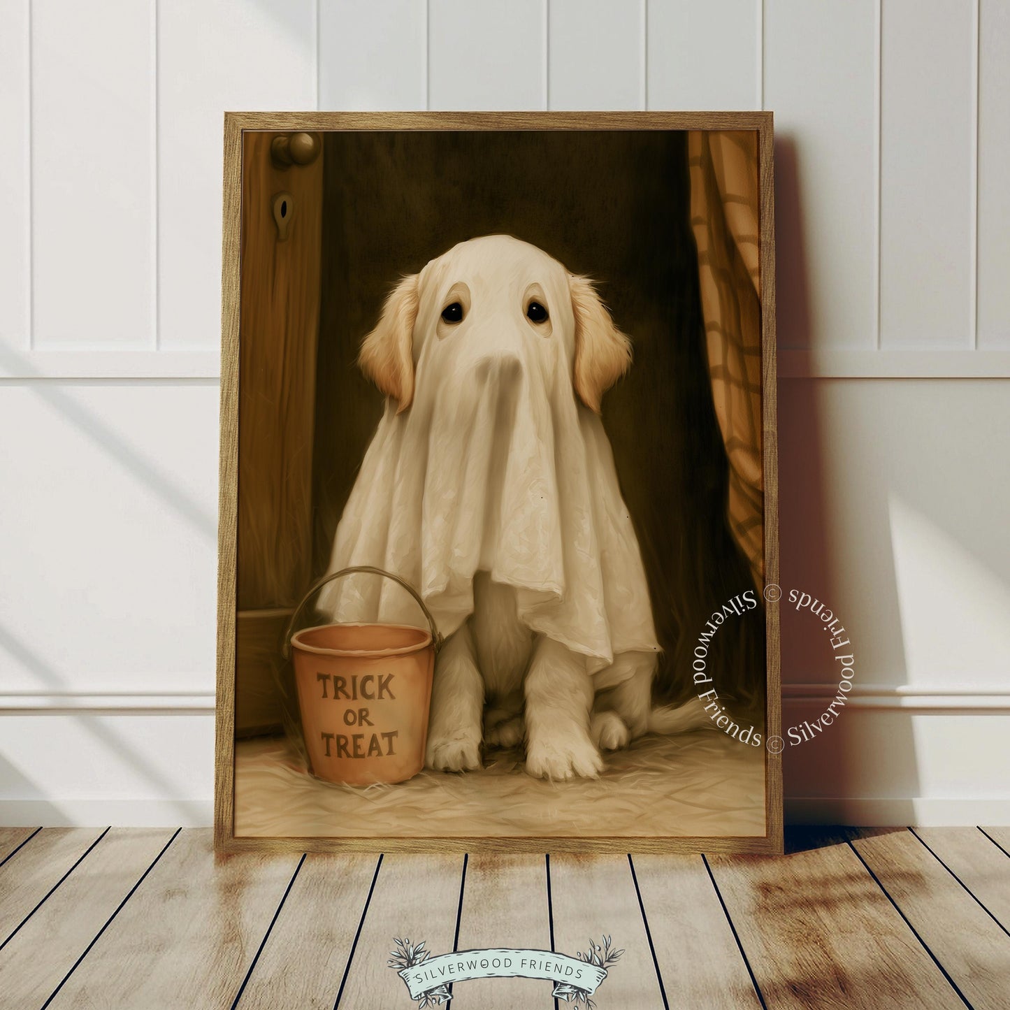 Adorable retriever Halloween poster featuring ghost costume and rustic terracotta pail — vintage-style portrait art
