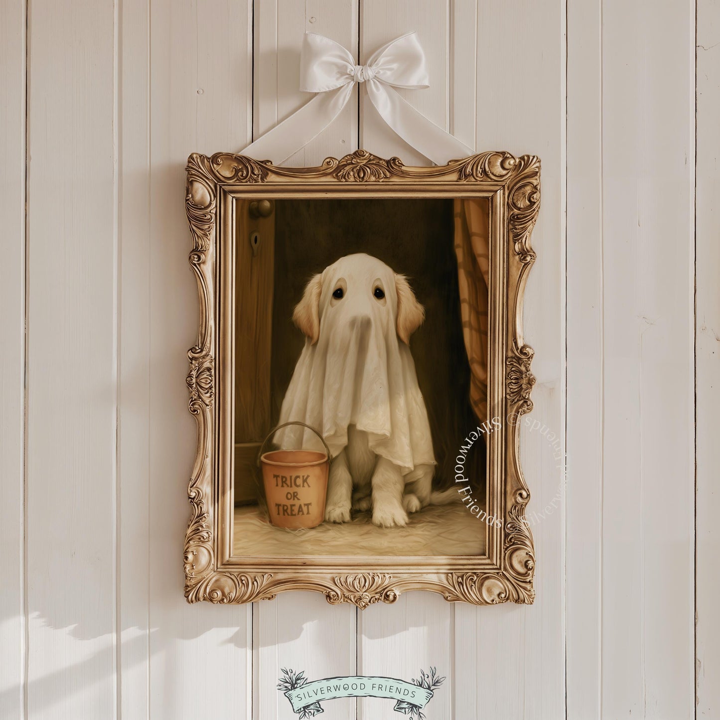 Friendly ghost dog digital print for nursery — warm painted portrait with cottagecore Halloween charm and soft brushwork