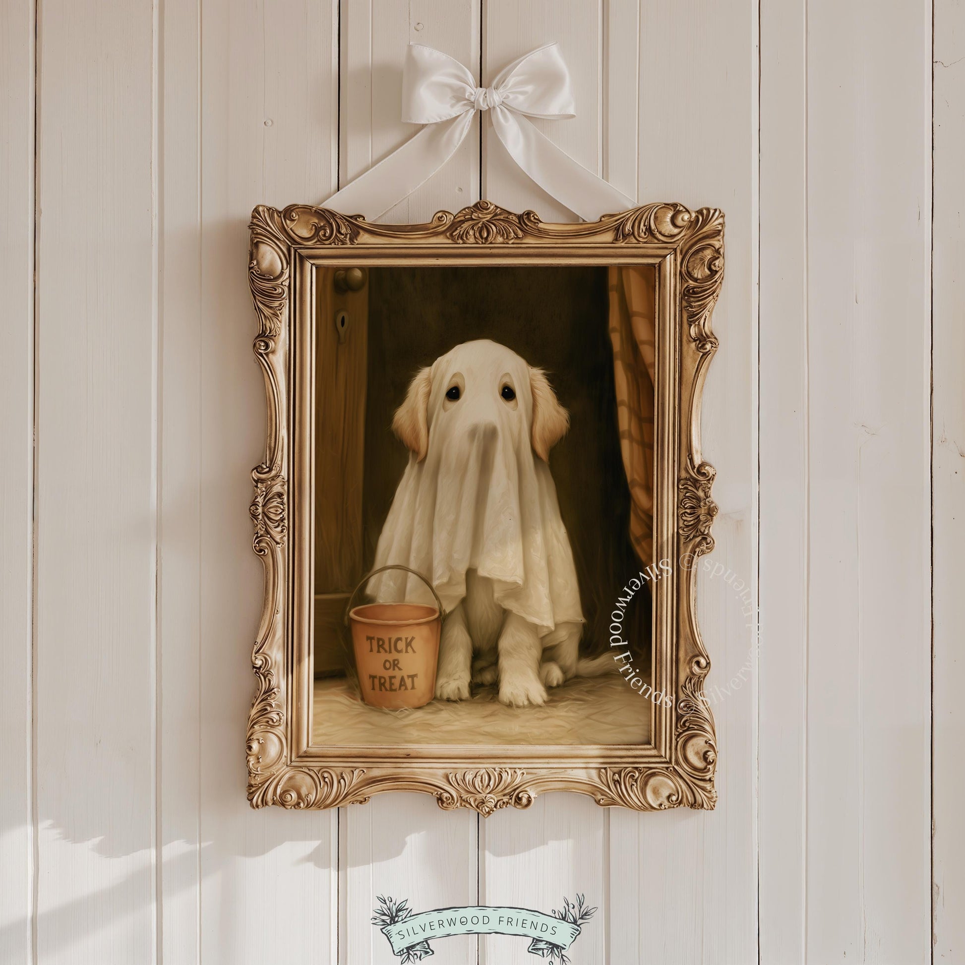 Friendly ghost dog digital print for nursery — warm painted portrait with cottagecore Halloween charm and soft brushwork