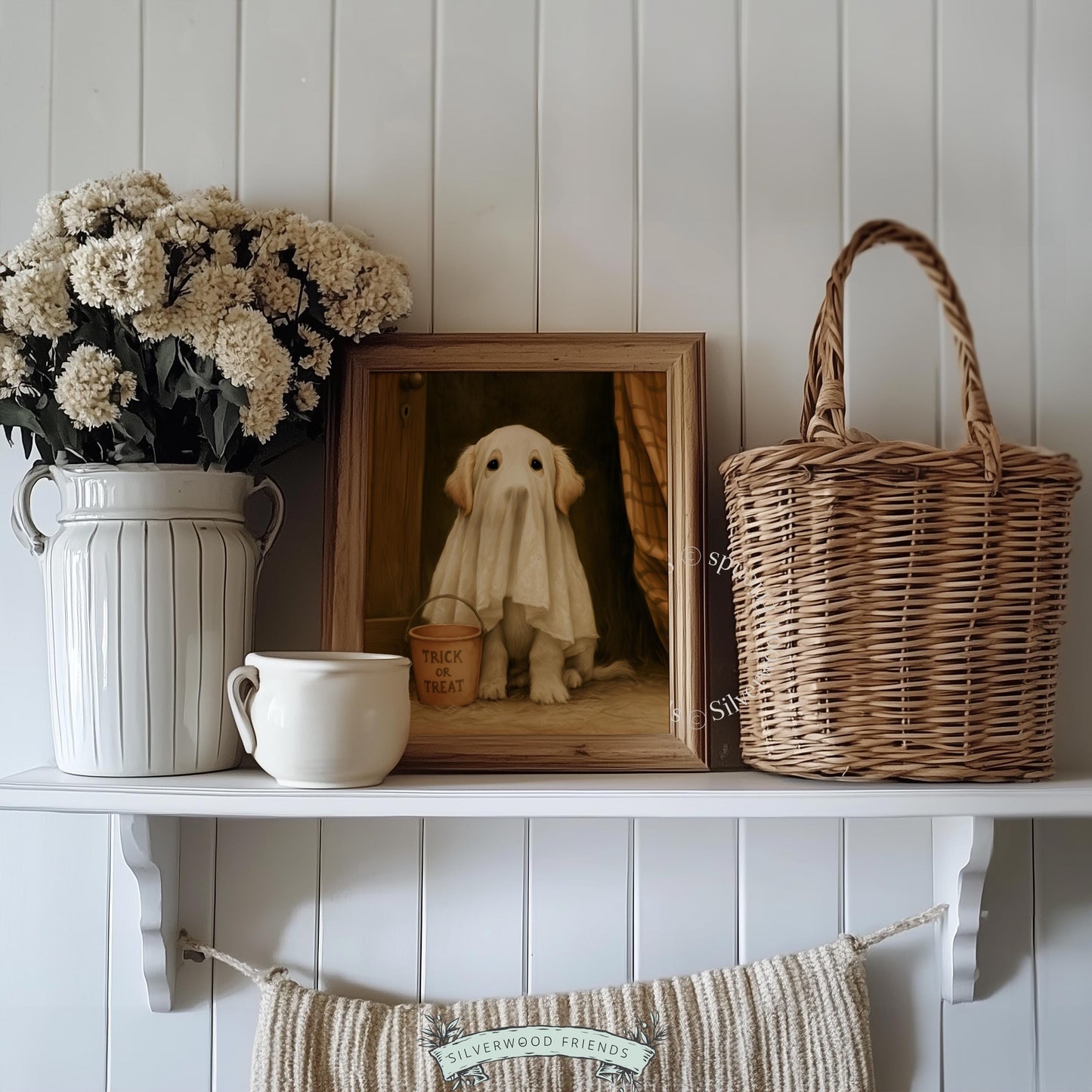 Ghost-costumed dog digital wall art for living room — charming Halloween portrait with terracotta accents and shadowy atmosphere