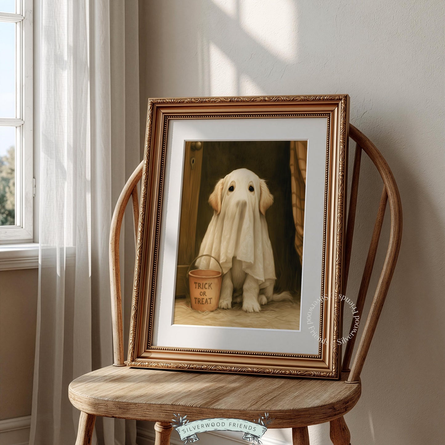 Golden retriever puppy ghost costume printable art for Halloween — cozy vintage portrait with trick-or-treat bucket
