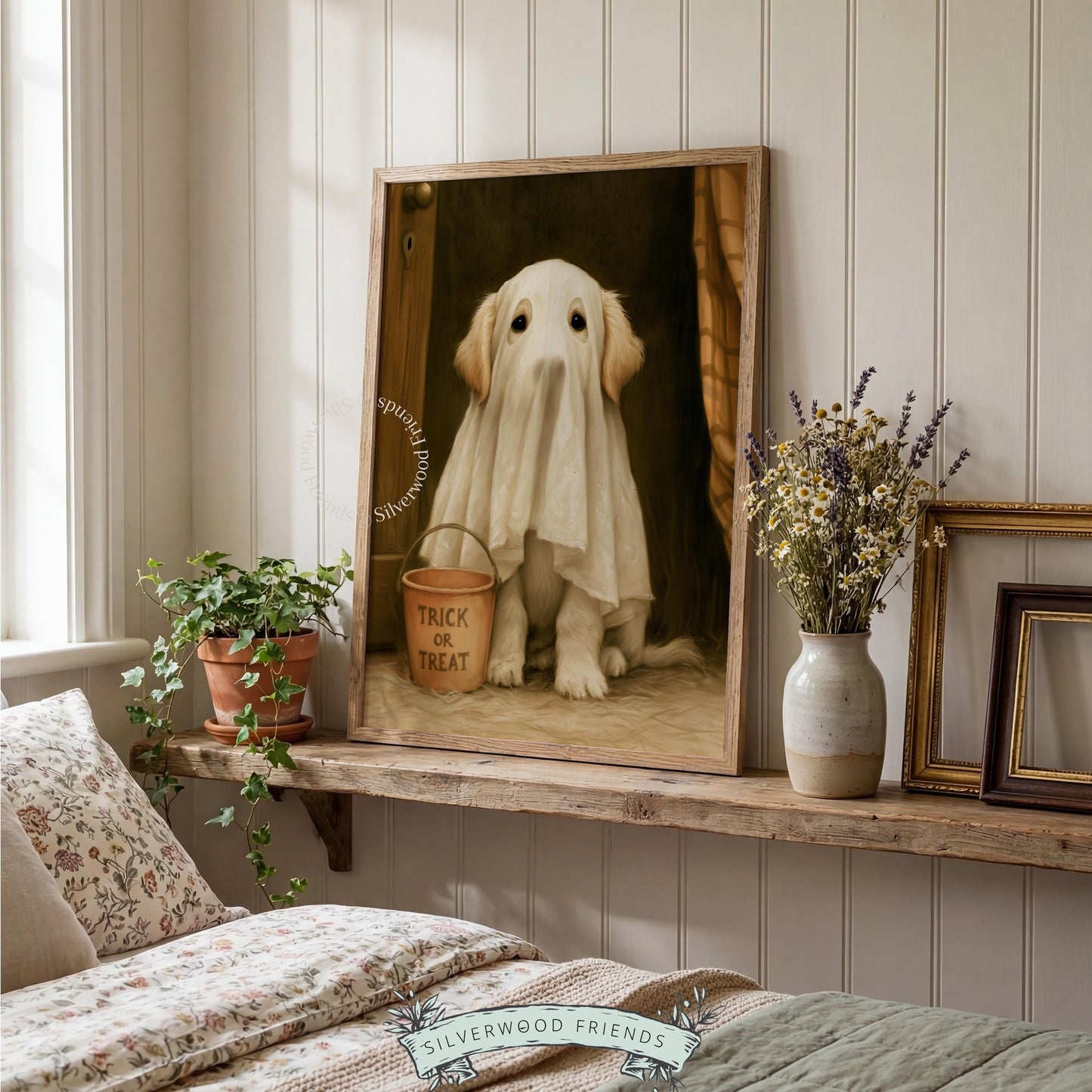 Cute dog ghost outfit artwork instant download — dark moody painted portrait ideal for cozy spooky season wall decor