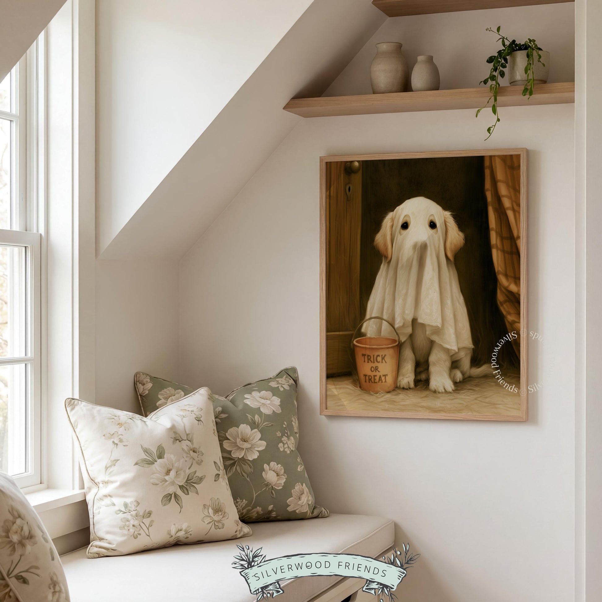 Golden retriever ghost outfit picture for entryway — moody painted portrait with autumn cottage aesthetic and warm brushstrokes