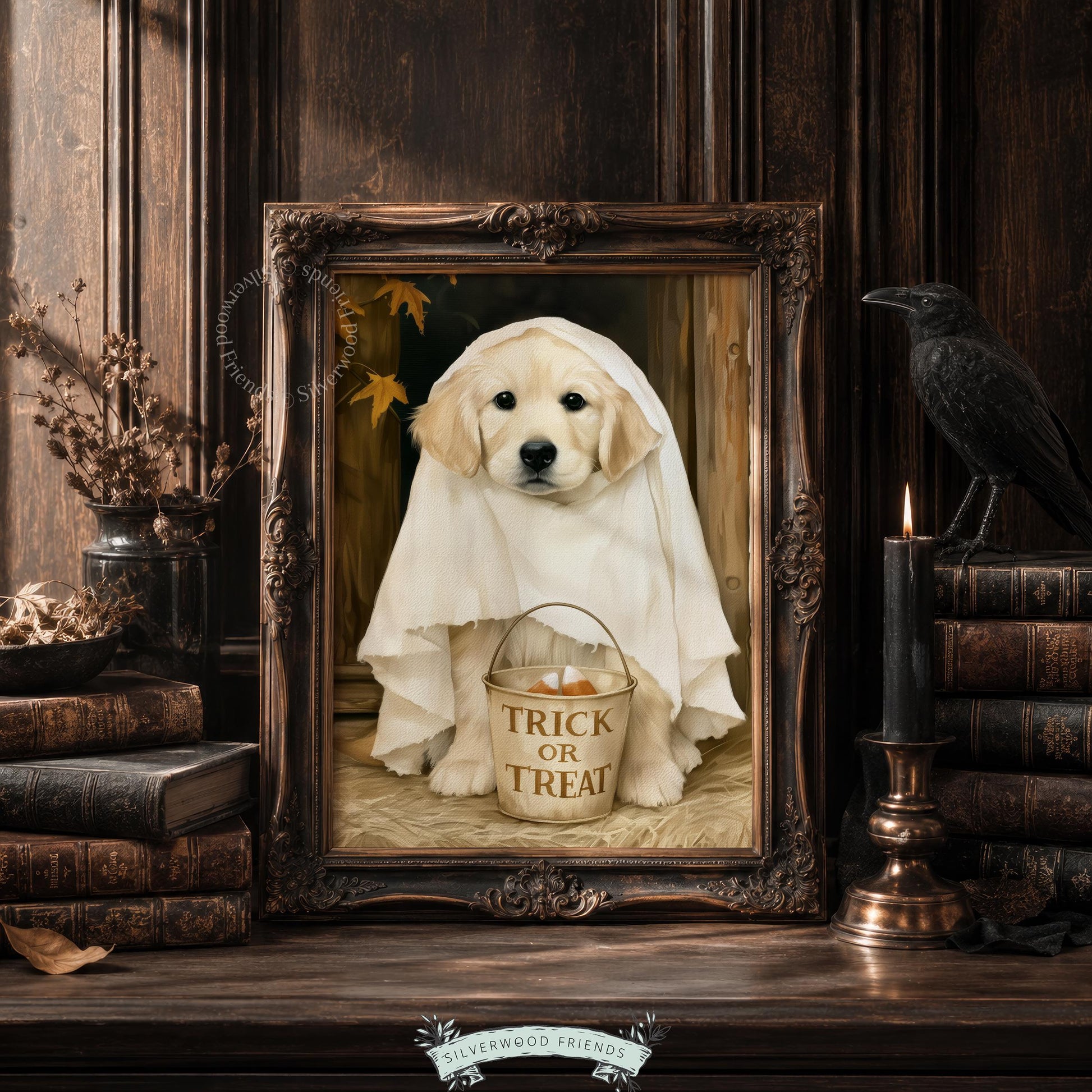 Cute retriever in ghost outfit poster — cozy haunted house aesthetic with warm vintage portrait style