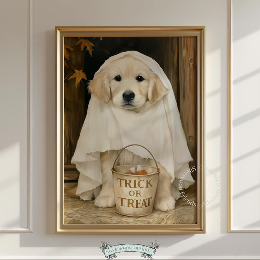 Cute puppy ghost wall art printable — spooky fall atmosphere with dark moody background tones