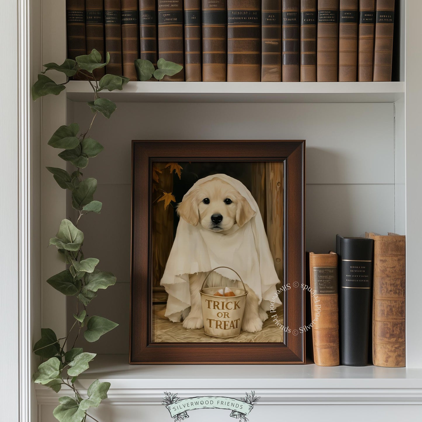 Golden retriever Halloween artwork for bedroom — soft painterly style with trick-or-treat bucket detail
