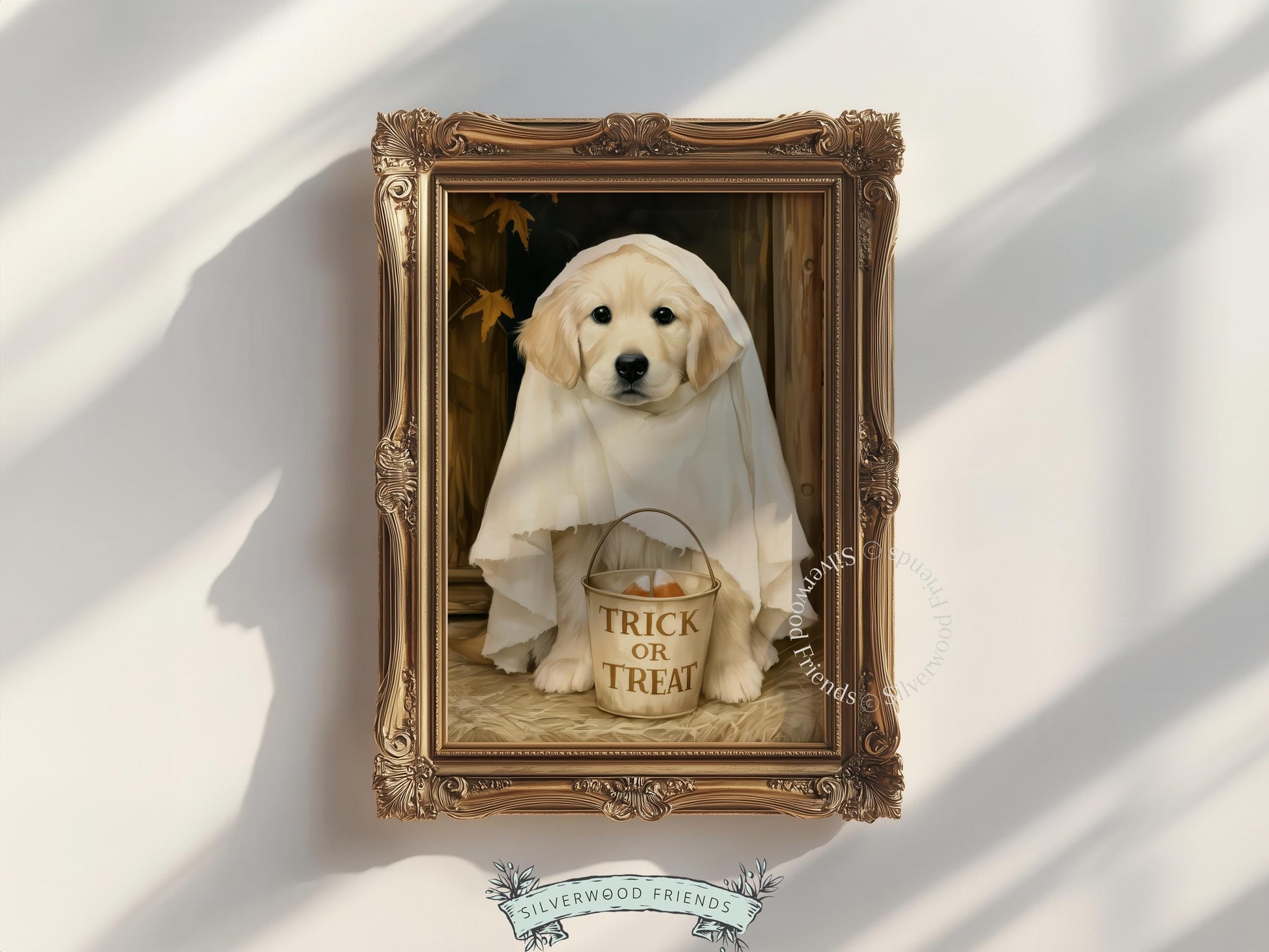 Ghost-costumed golden retriever picture — witchy seasonal wall art with soft realistic illustration and vintage warmth