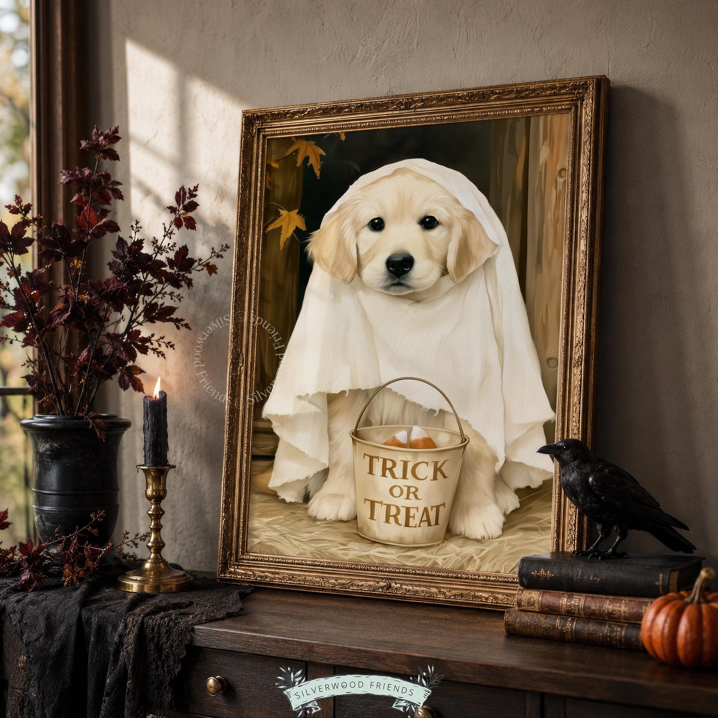 Ghost-dressed dog artwork for gallery wall — cozy spooky season aesthetic with rustic wooden backdrop