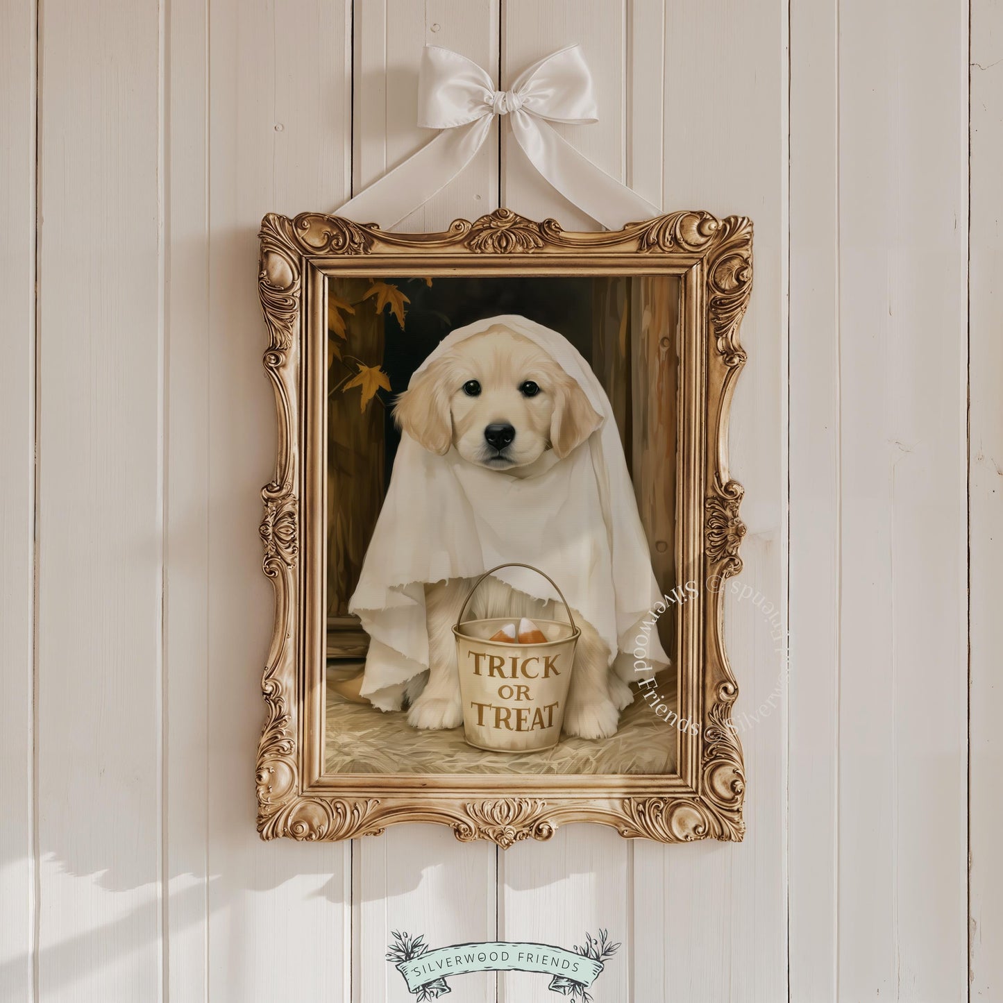 Ghost puppy wall illustration instant download — adorable spooky décor featuring soft painterly technique and fall foliage