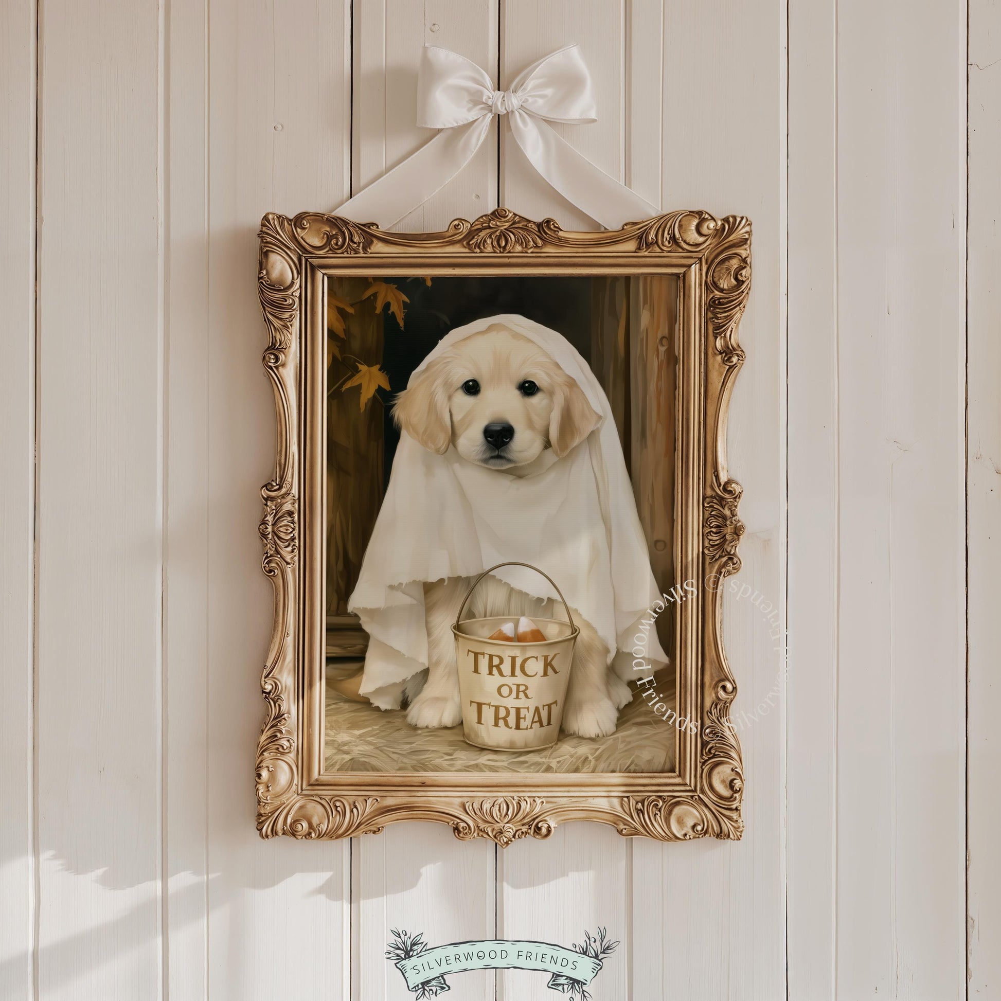 Ghost puppy wall illustration instant download — adorable spooky décor featuring soft painterly technique and fall foliage