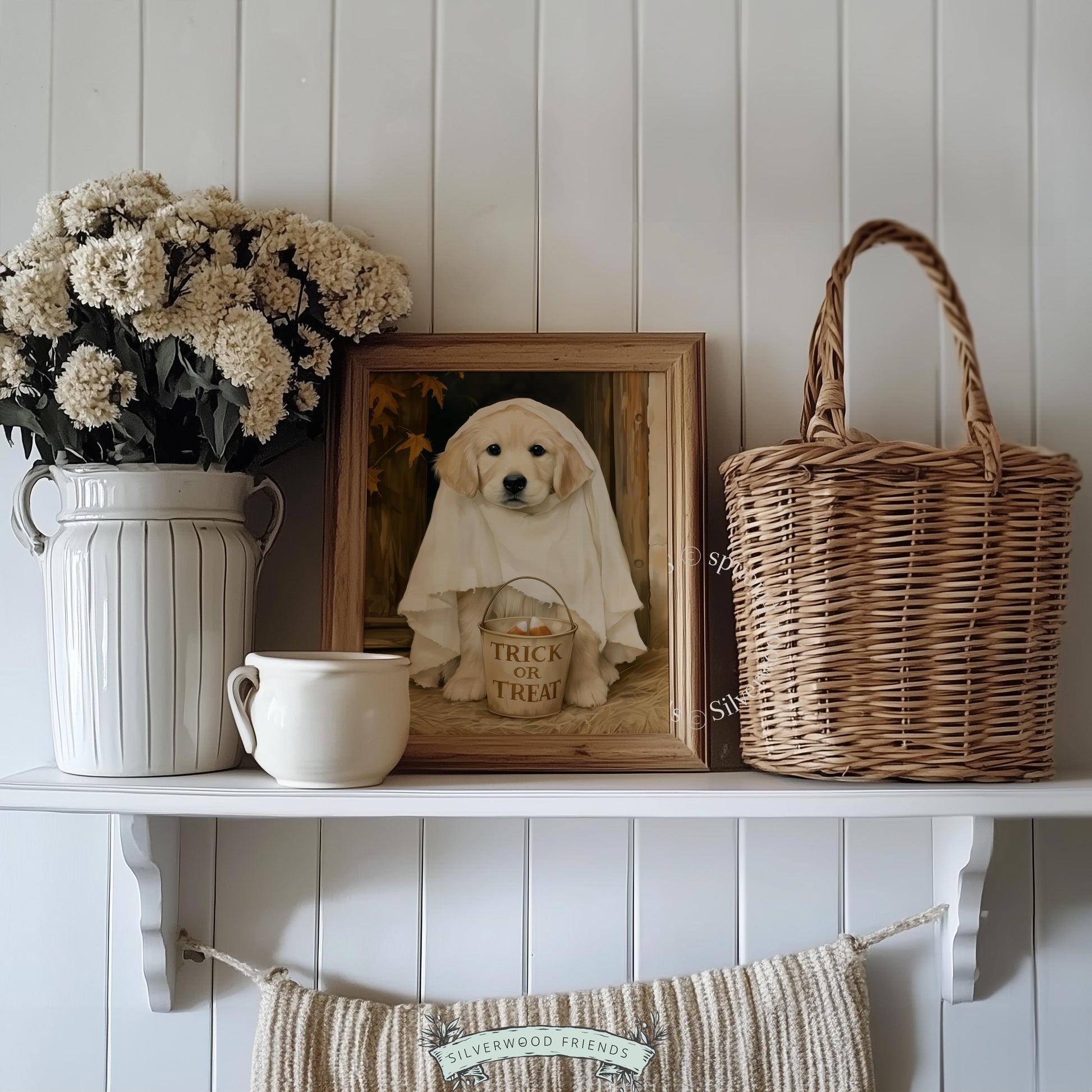 Golden puppy ghost Halloween digital wall art — adorable trick-or-treat themed décor with cottagecore rustic aesthetic