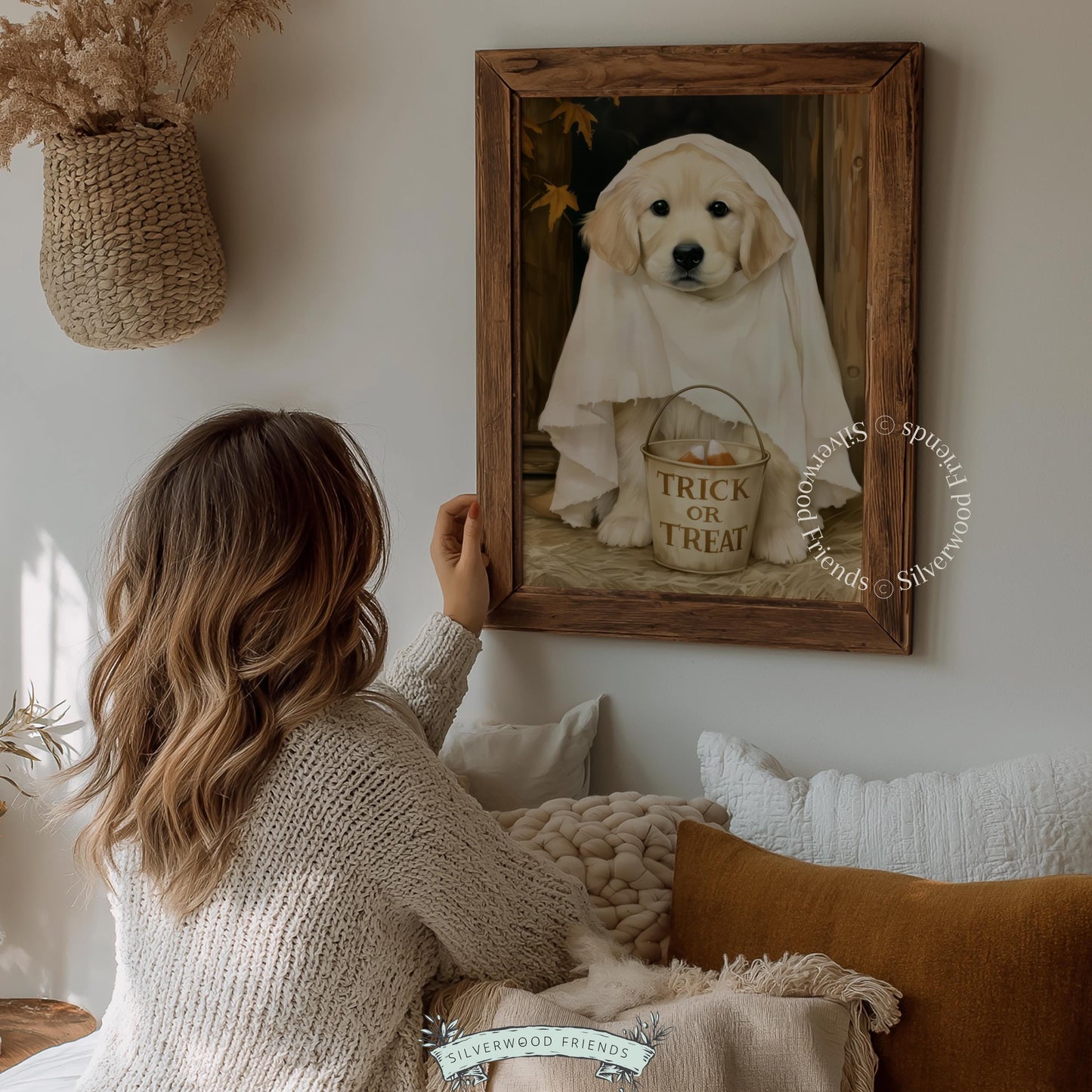 Dog in ghost costume digital download for nursery — whimsical Halloween illustration with warm vintage charm