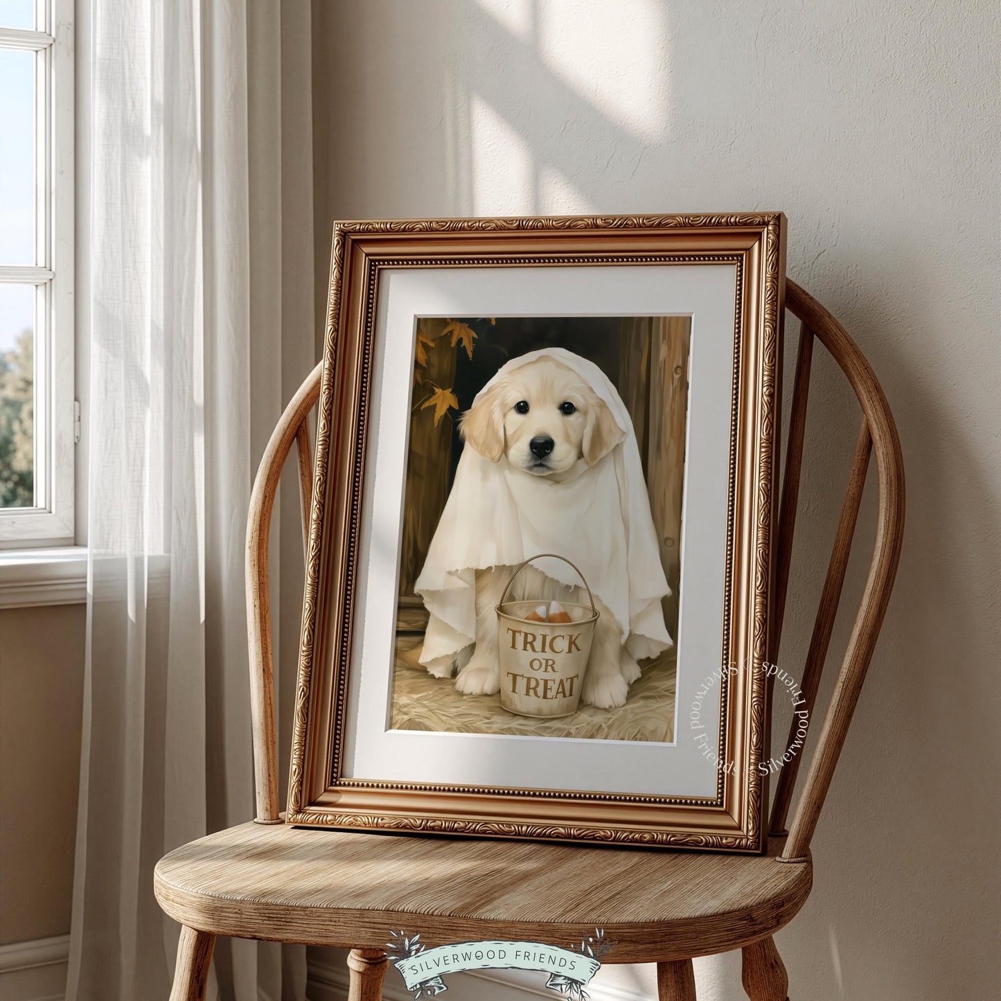 Adorable dog trick-or-treat painting digital download — friendly ghost decor with rustic farmhouse Halloween charm