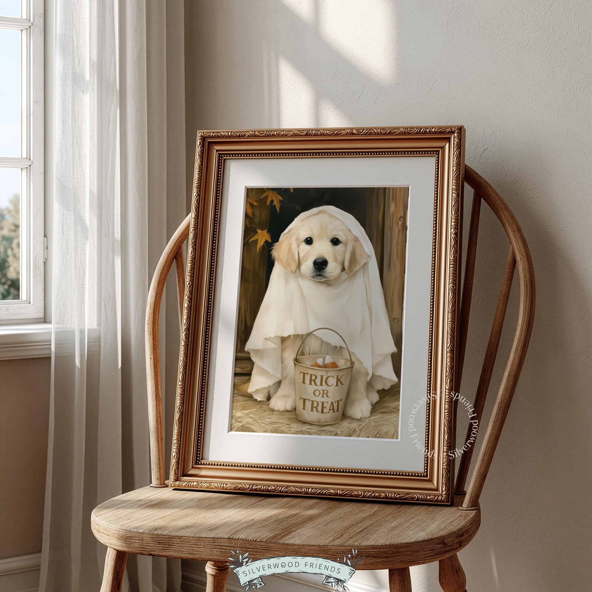 Adorable dog trick-or-treat painting digital download — friendly ghost decor with rustic farmhouse Halloween charm