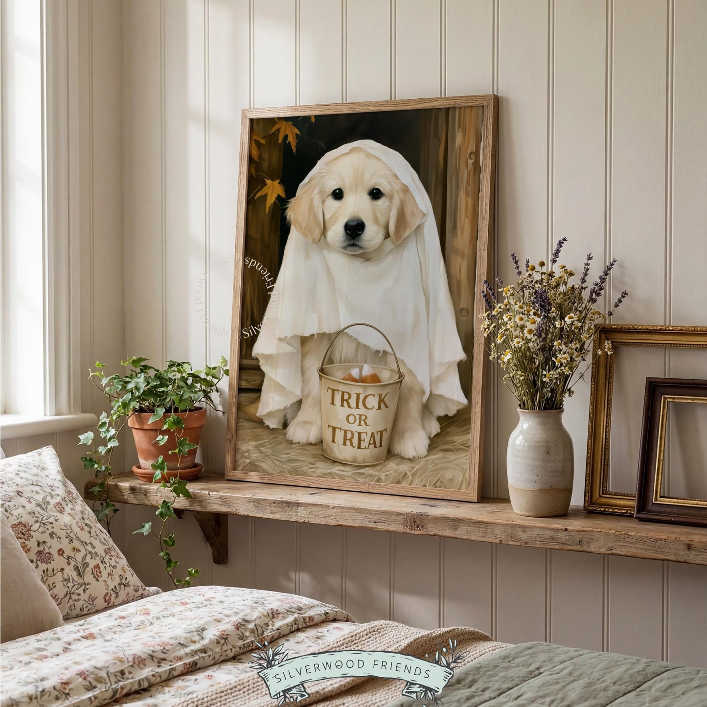 Puppy ghost Halloween artwork for hallway — seasonal themed print with dark moody autumn leaves background