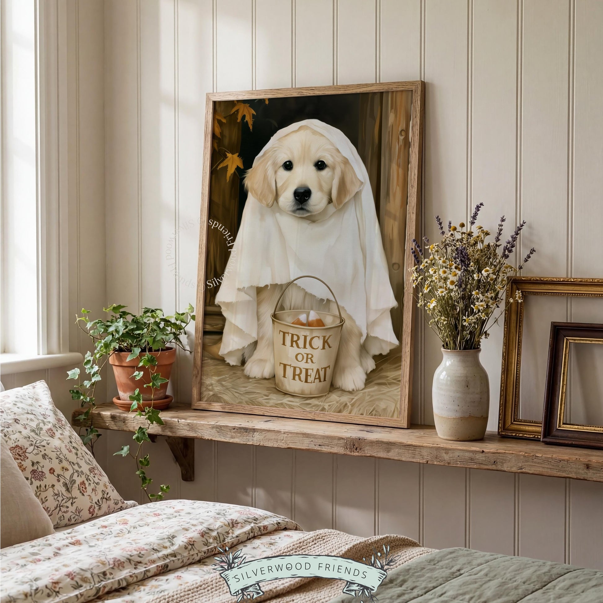 Puppy ghost Halloween artwork for hallway — seasonal themed print with dark moody autumn leaves background